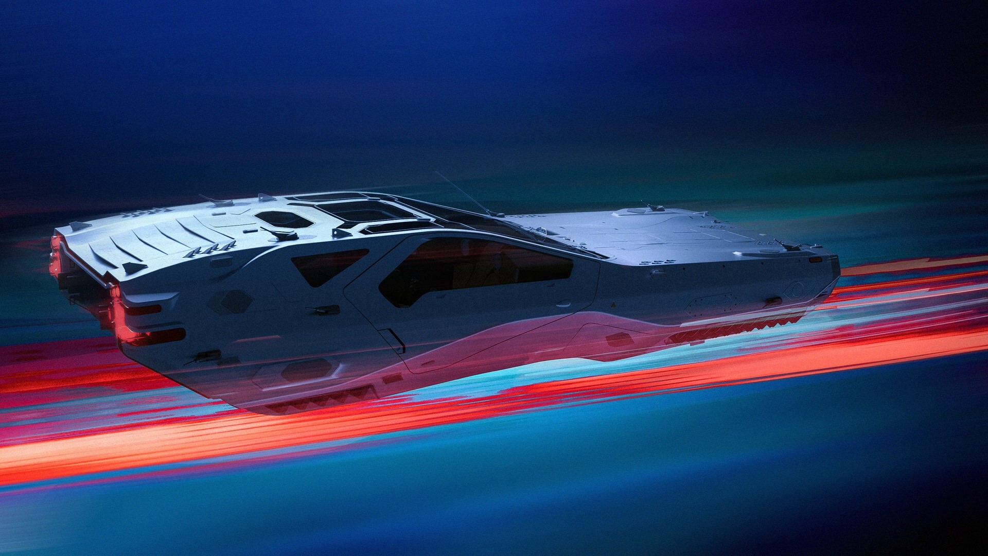 Futuristic white vehicle speeding through a colorful blur HD Wallpaper