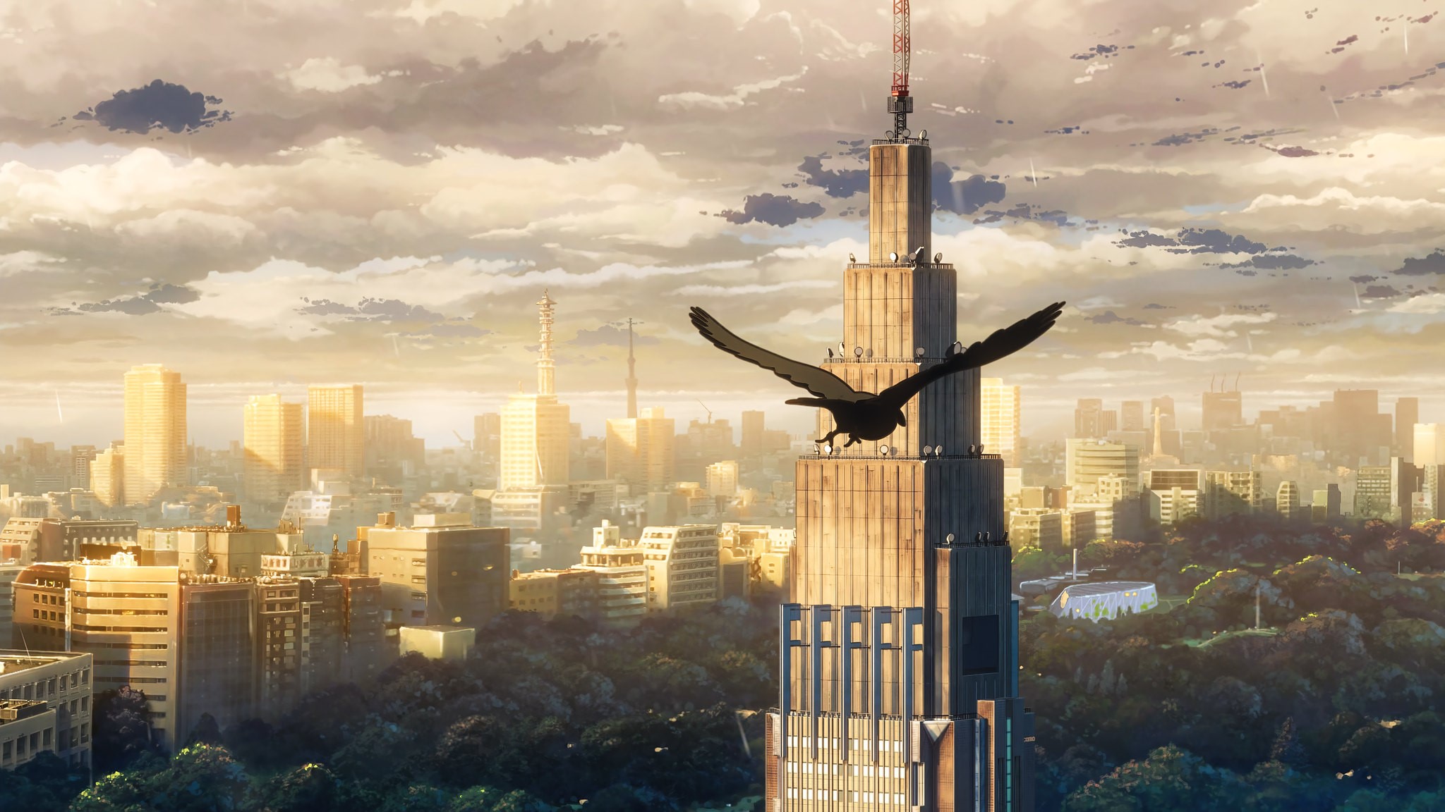 Anime city skyline with a bird flying past a tower HD Wallpaper