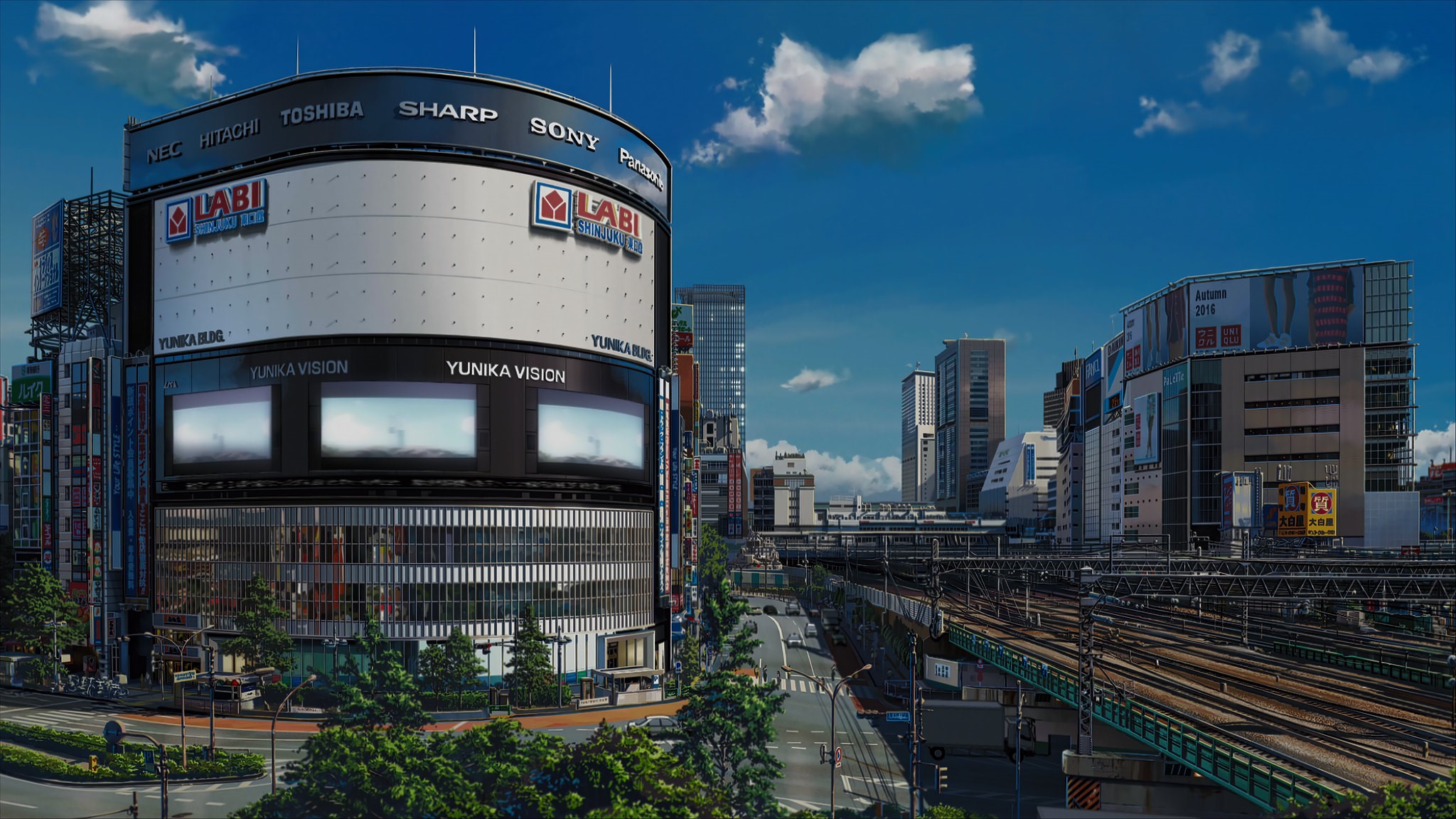 Anime city with electronic billboards and train tracks HD Wallpaper