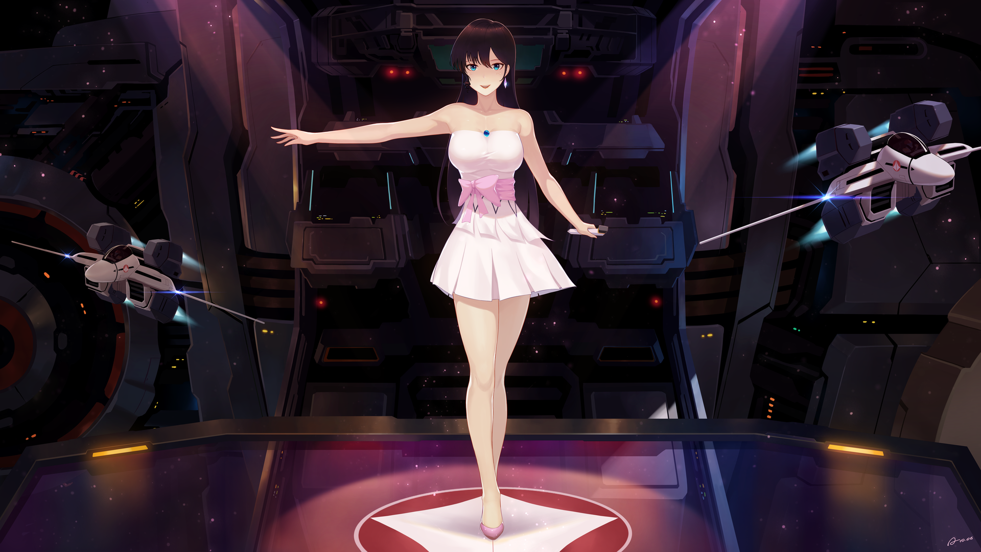 Anime girl in white dress on spaceship bridge with fighter jets HD Wallpaper