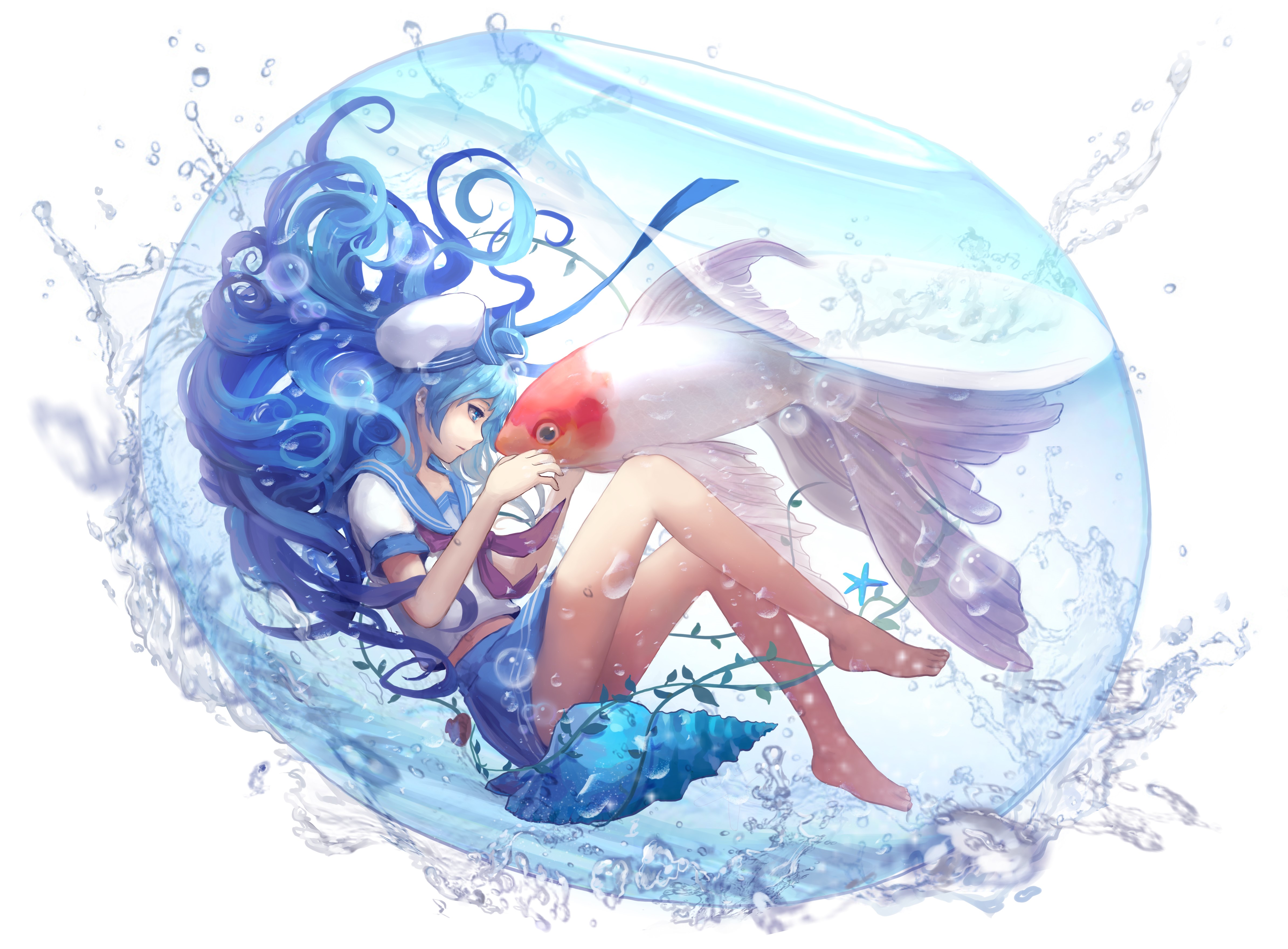 Anime girl with blue hair and goldfish in a water bubble HD Wallpaper