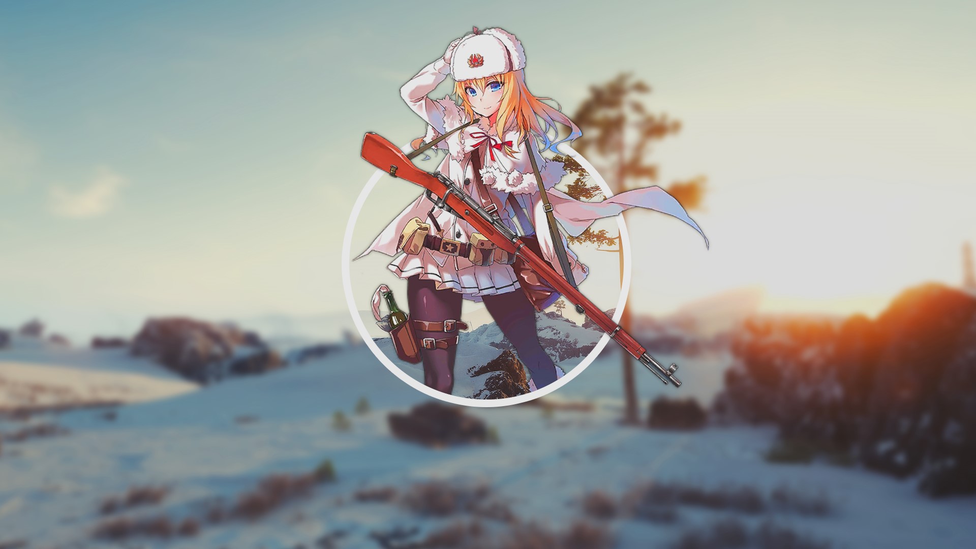 Anime girl with rifle in winter landscape HD Wallpaper