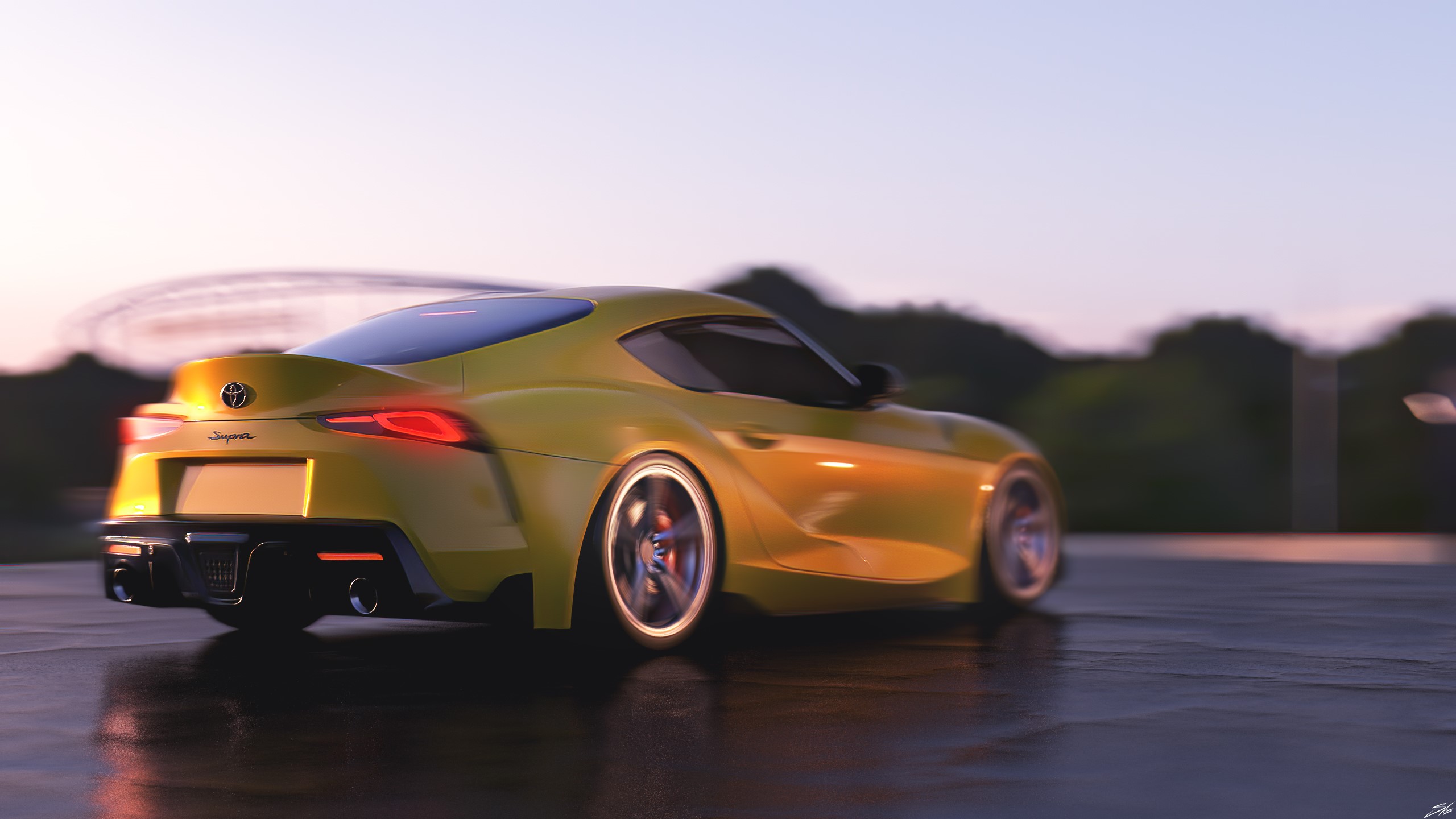 Yellow Toyota Supra driving on wet road HD Wallpaper