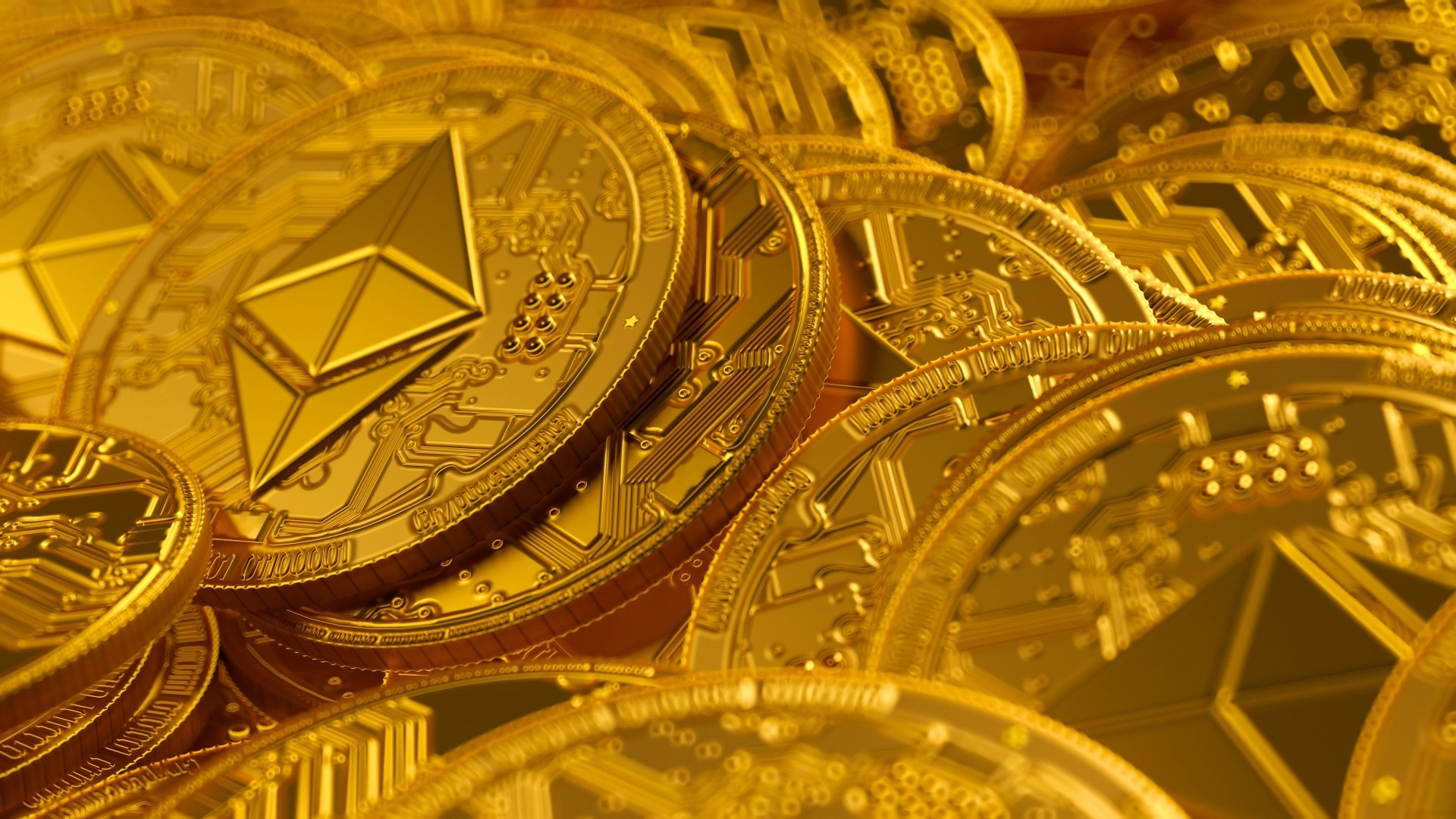 Pile of gold Ethereum cryptocurrency coins HD Wallpaper