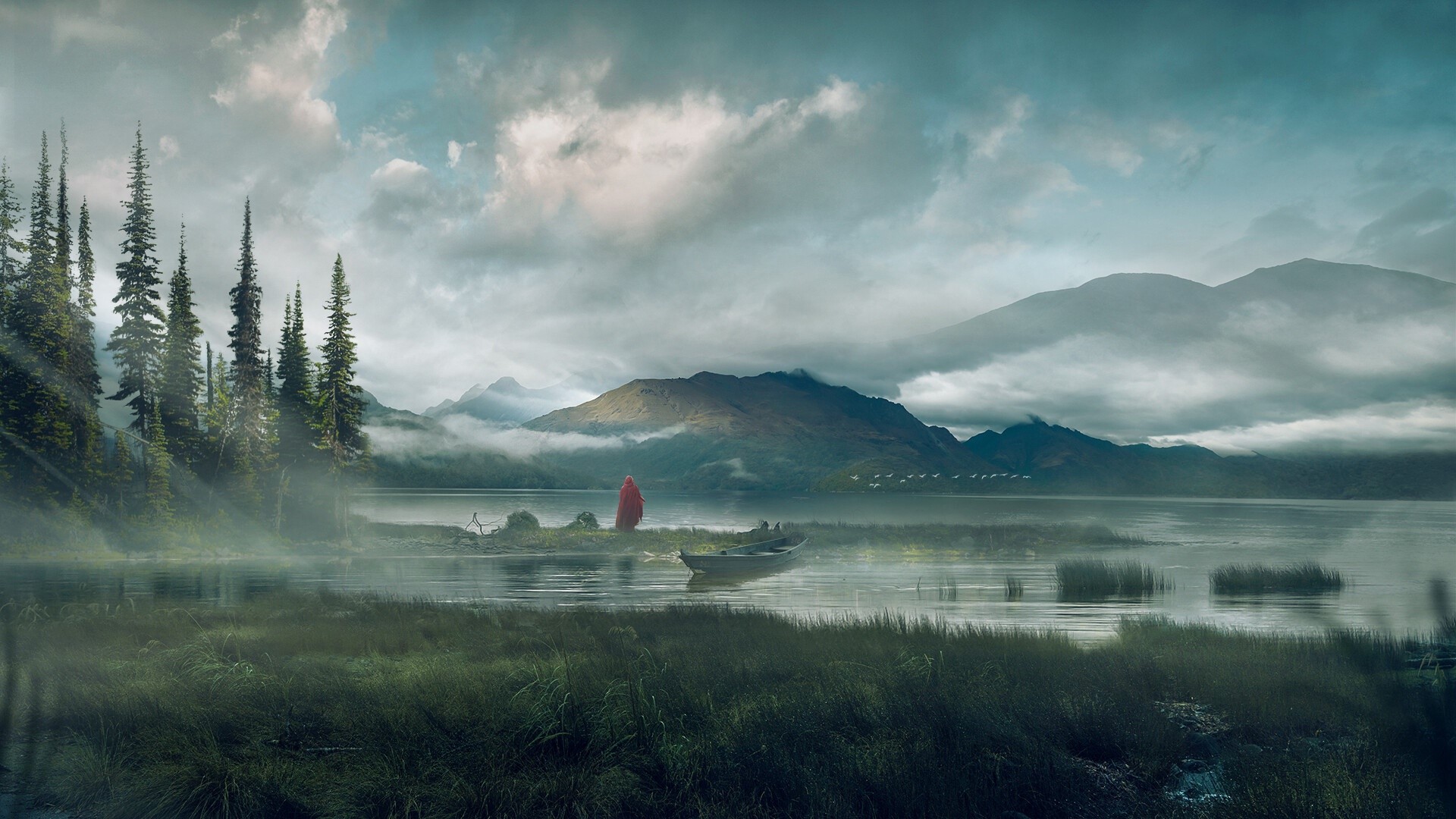 Painting of a person in red by a lake with mountains HD Wallpaper