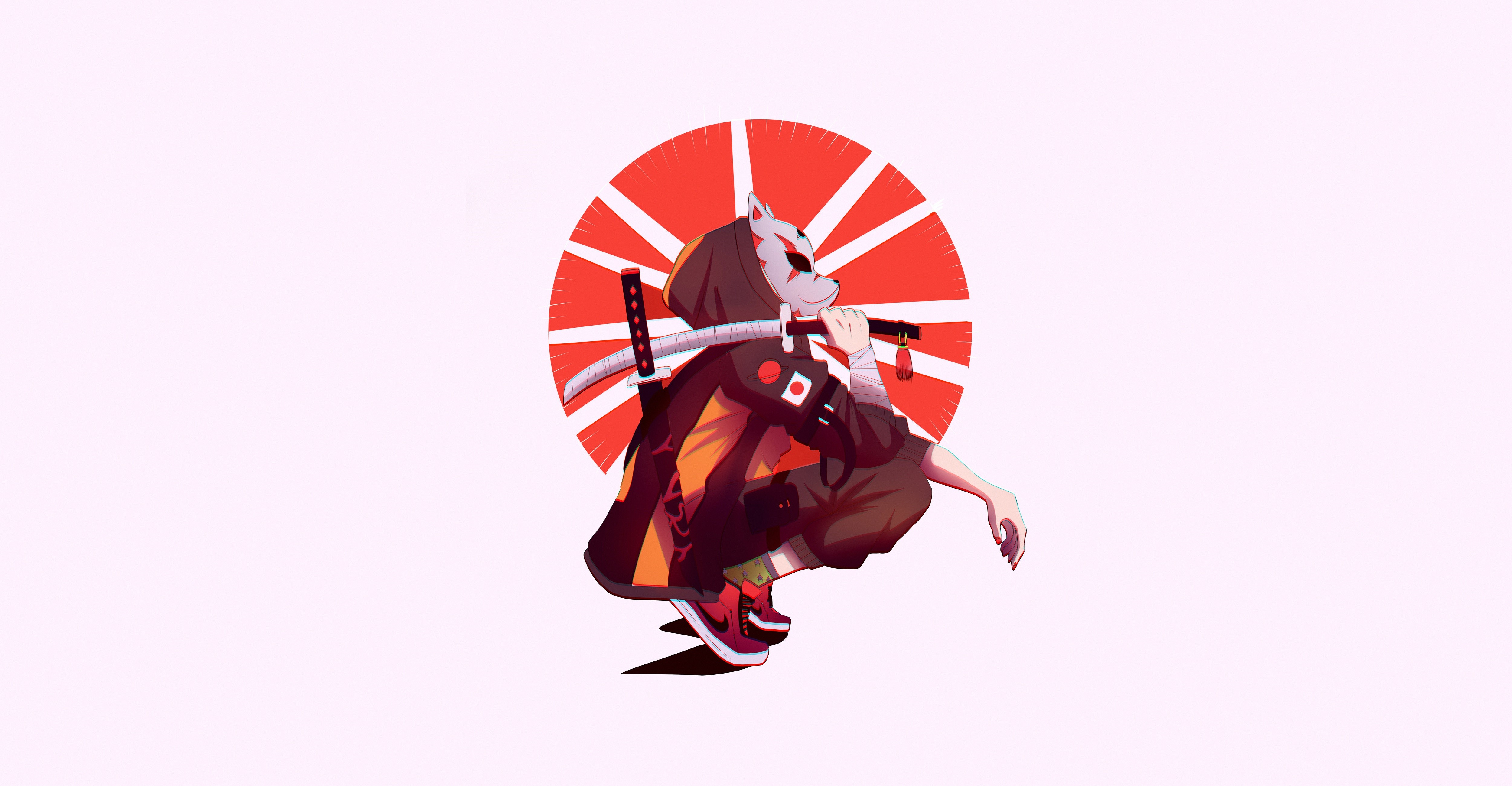 Anime character with fox mask and katana HD Wallpaper