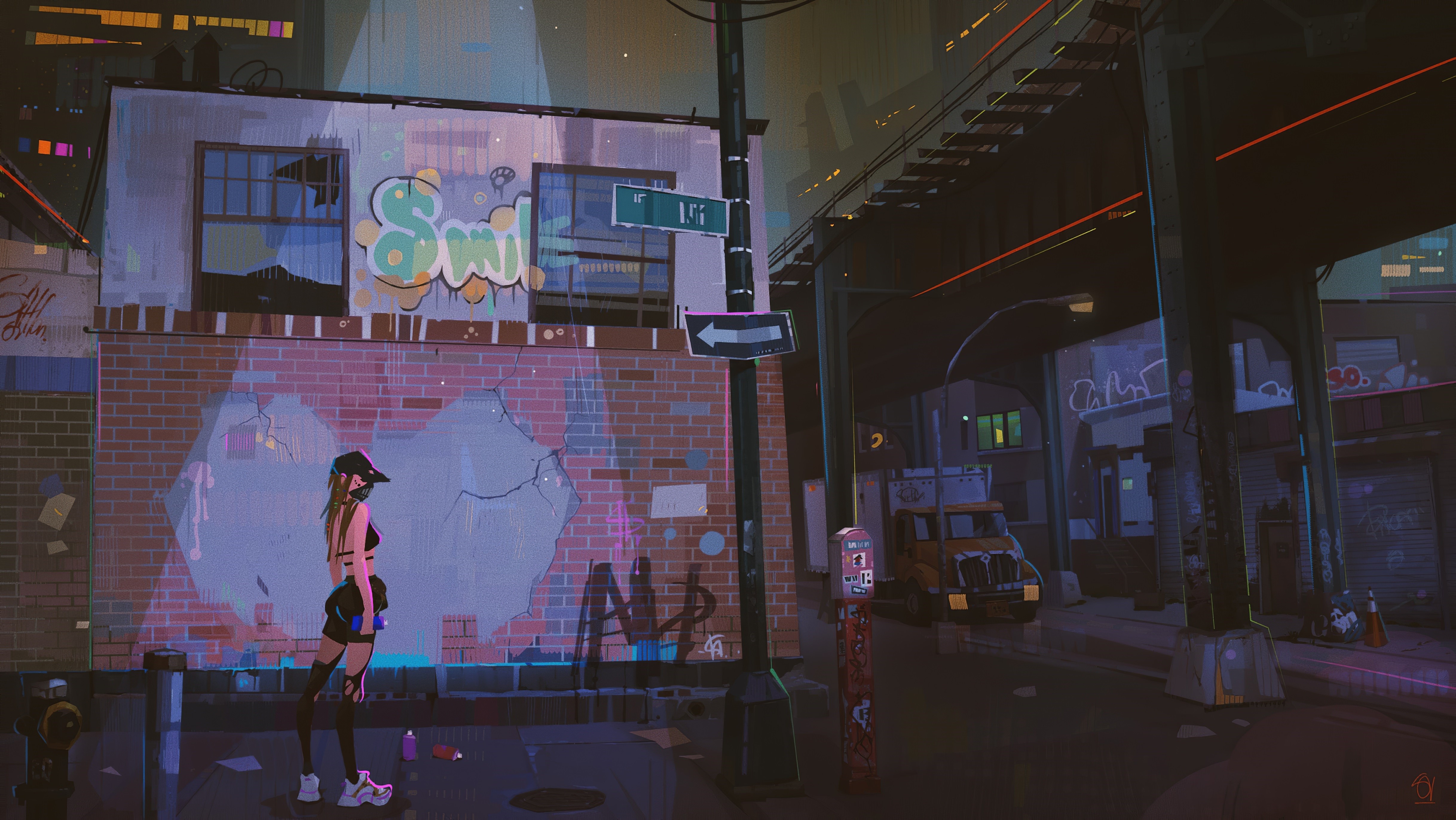 Graffiti art of a woman in an urban city at night HD Wallpaper