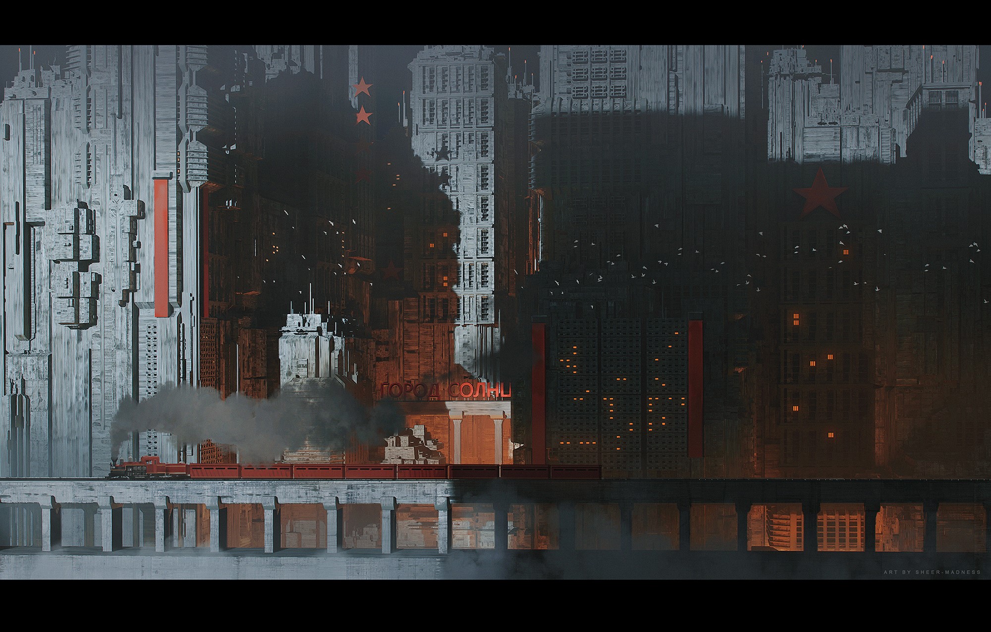 Cyberpunk city with train and red stars HD Wallpaper