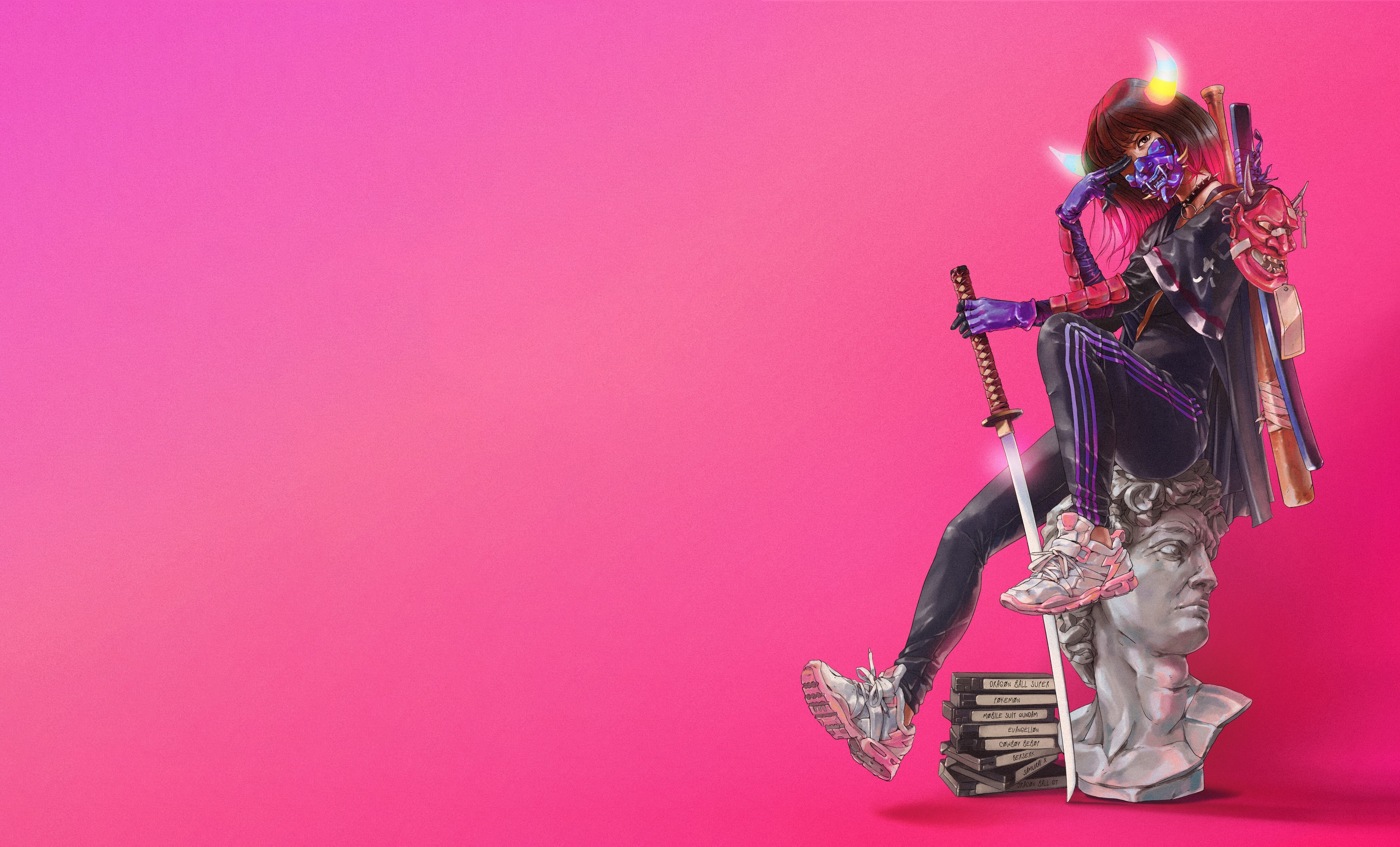 Anime girl with mask and swords on statue HD Wallpaper
