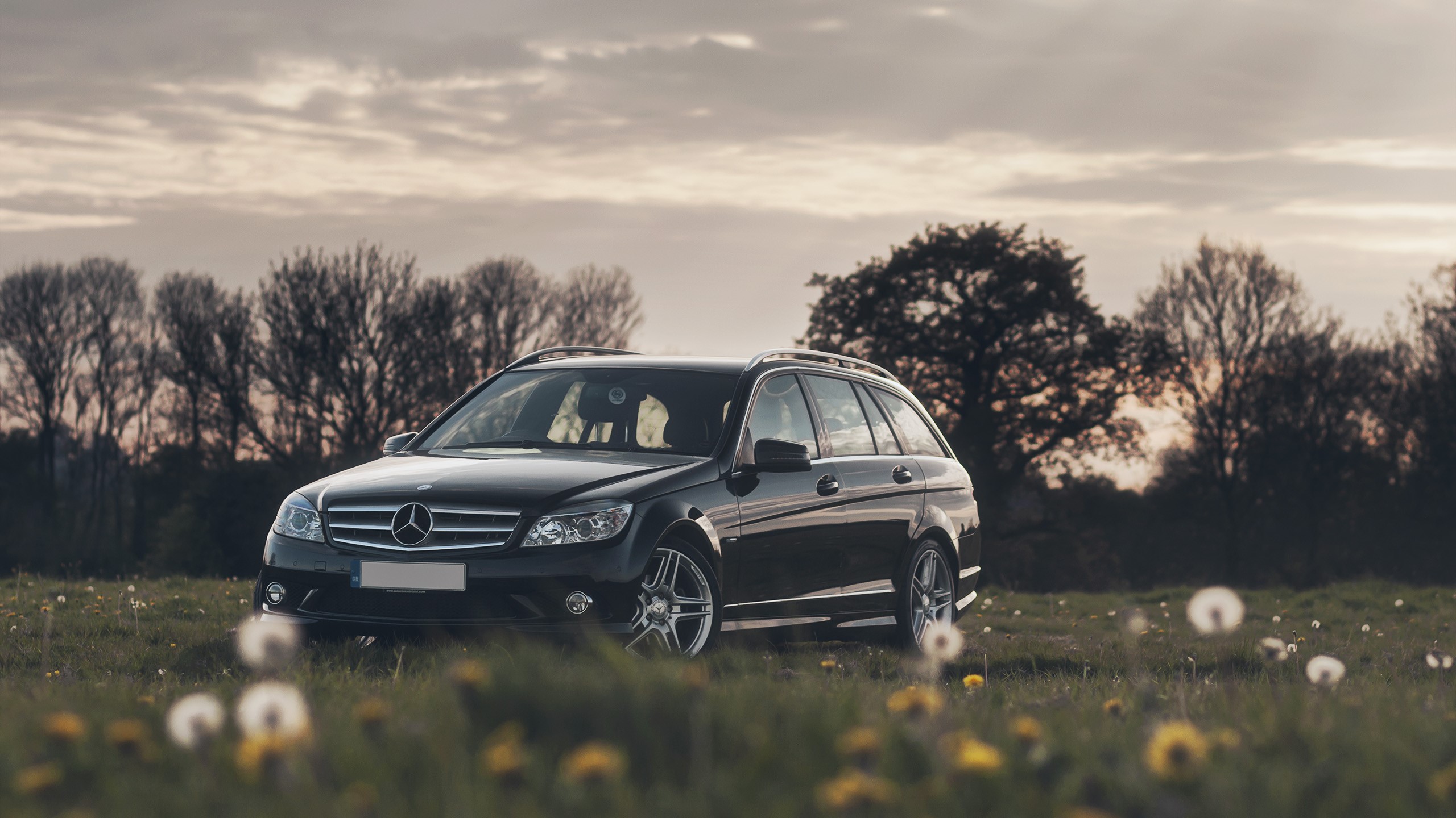 Black Mercedes-Benz C-Class Wagon at Sunset HD Wallpaper