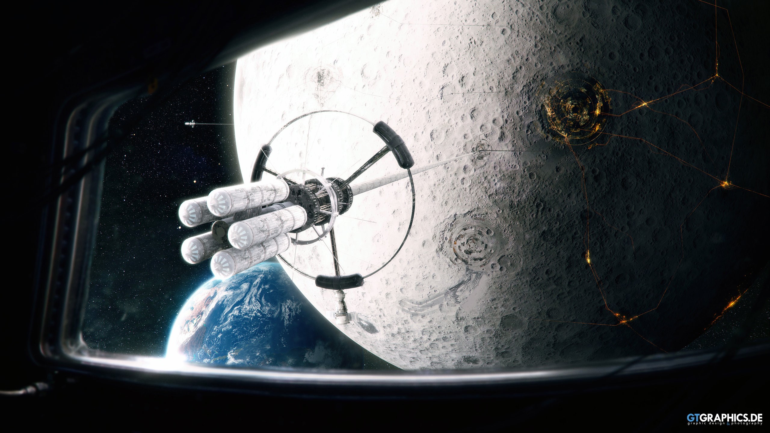 Futuristic Space Station orbiting the Moon with Earth in background HD Wallpaper