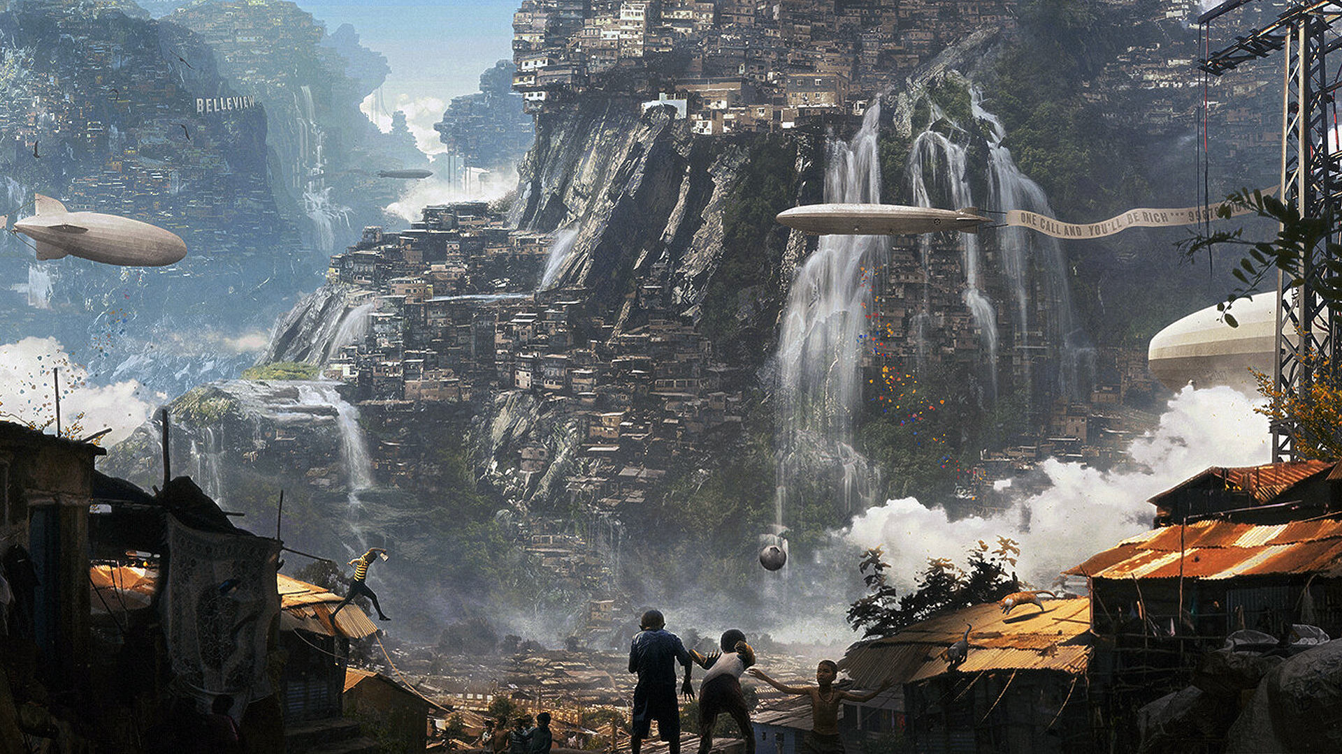 Fantasy city with waterfalls, zeppelins, and children playing HD Wallpaper