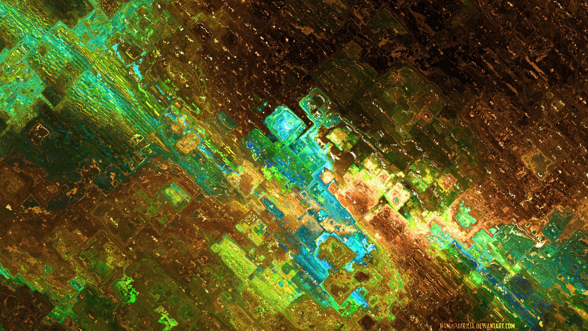 Abstract digital art with gold and green shapes HD Wallpaper