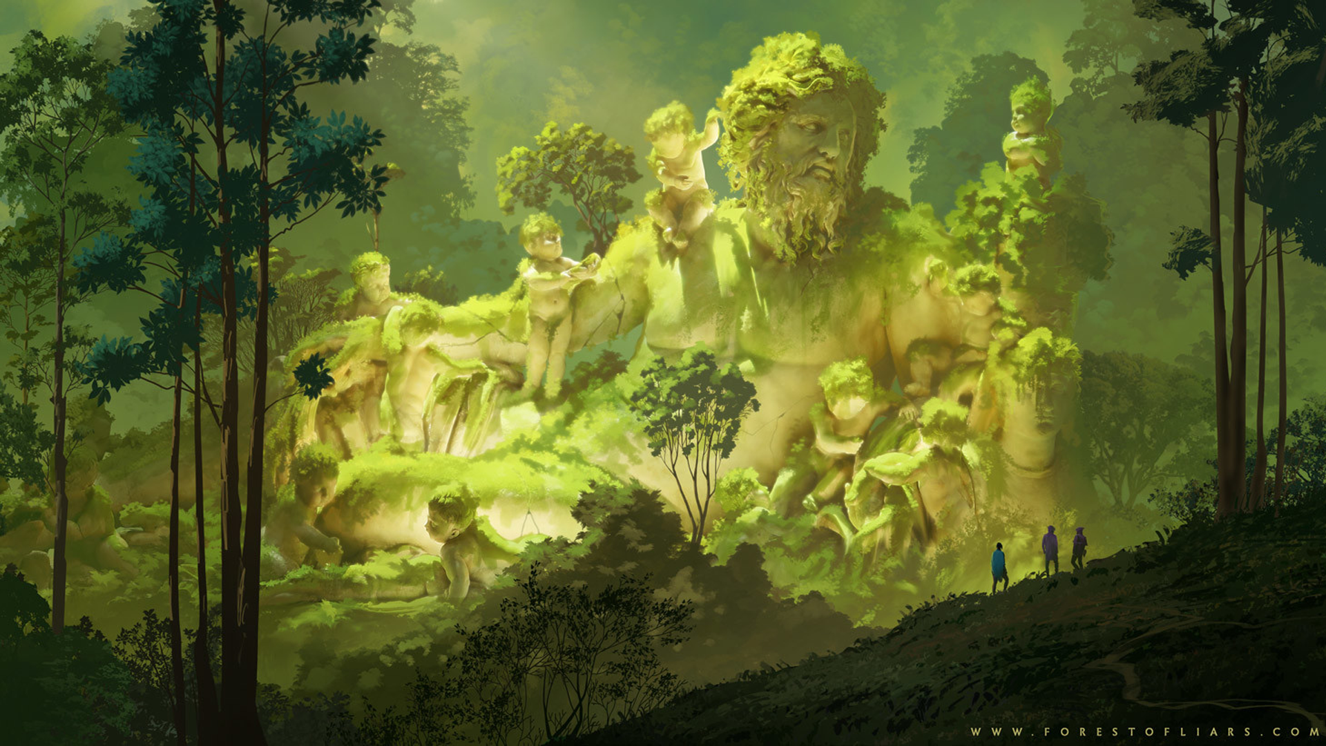 Giant moss-covered statues in a dense forest HD Wallpaper