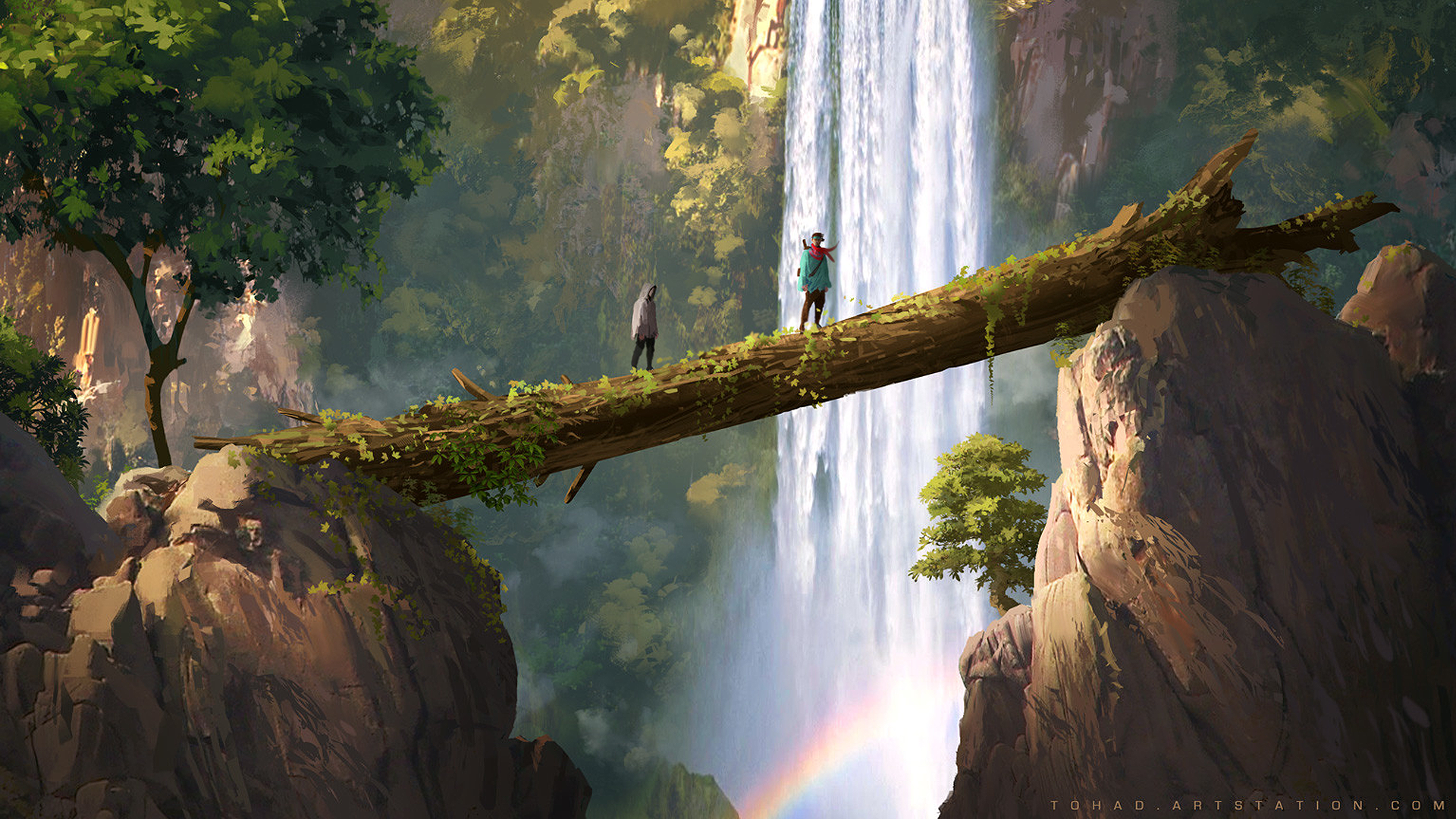 Two people on a log bridge over a waterfall with a rainbow HD Wallpaper