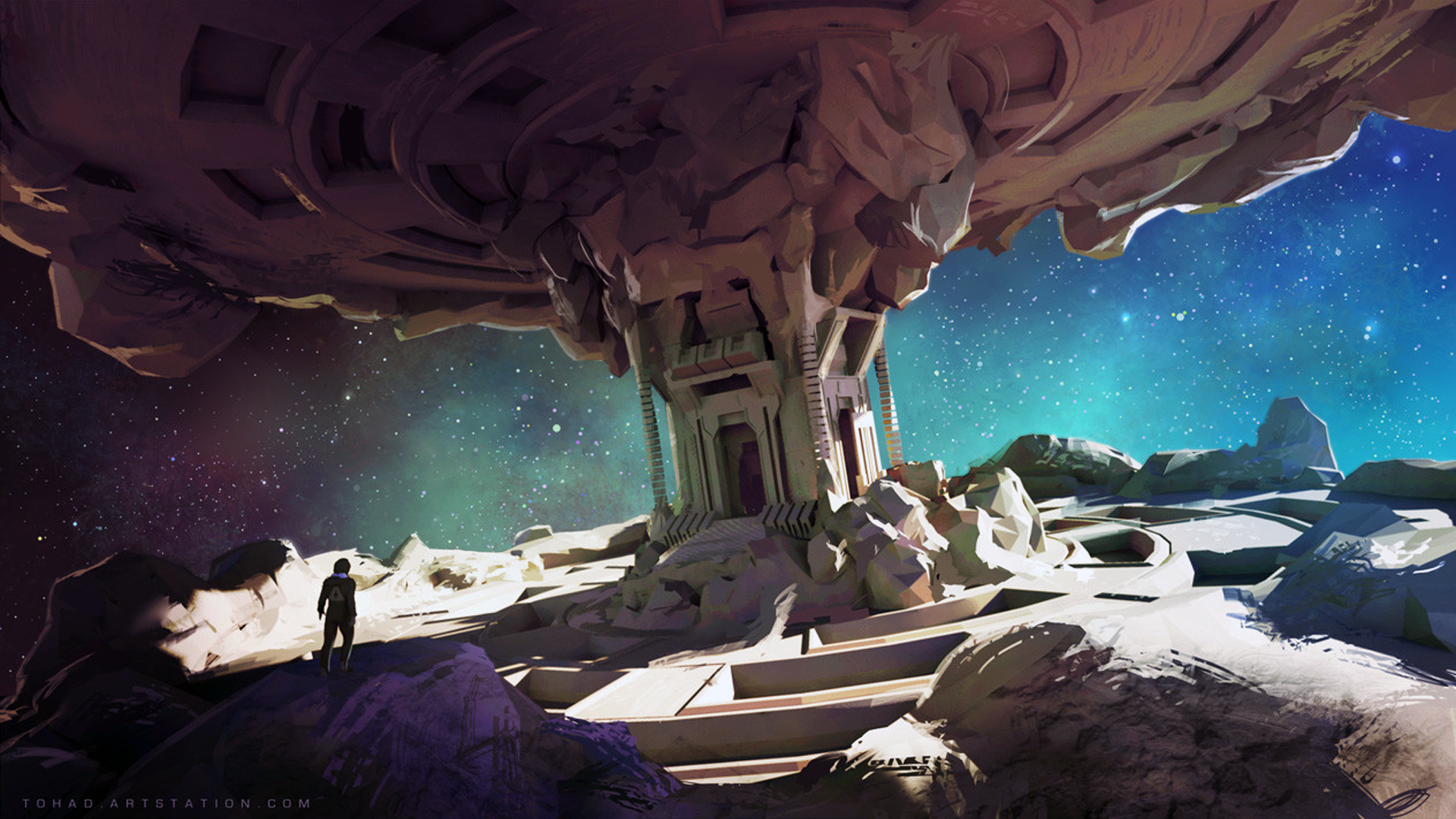 Astronaut exploring alien structure under starry sky HD Wallpaper