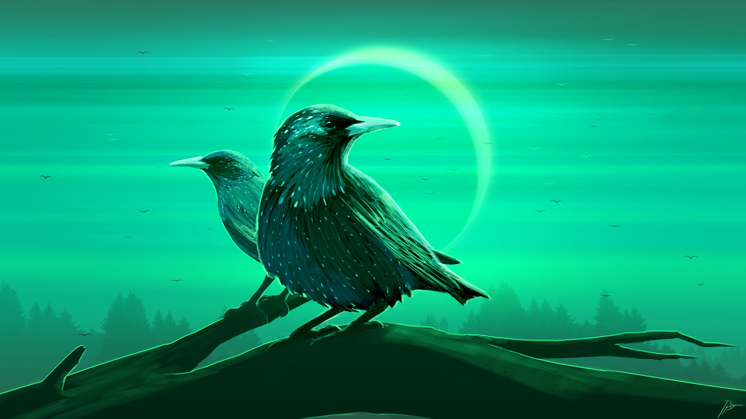Two starlings on a branch with a green eclipse HD Wallpaper