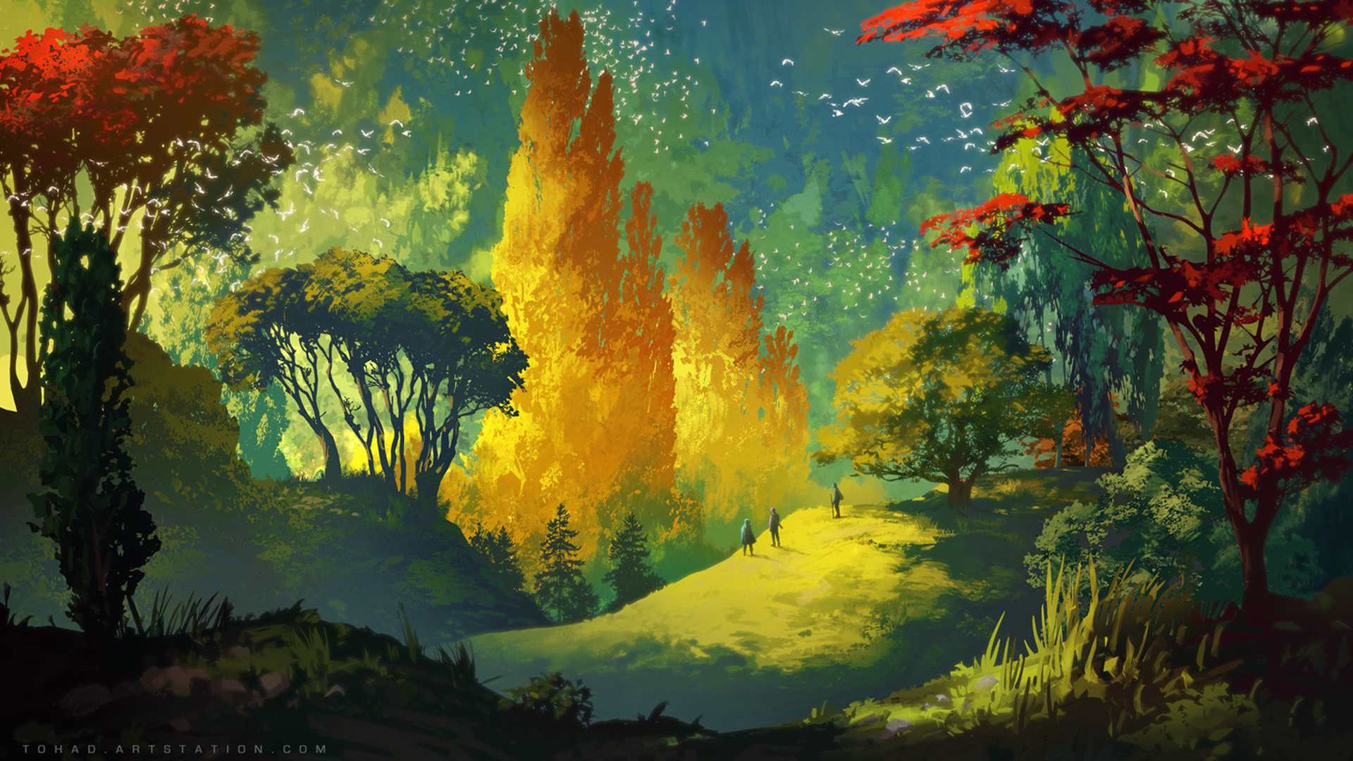 Digital artwork of a forest landscape with birds and people HD Wallpaper