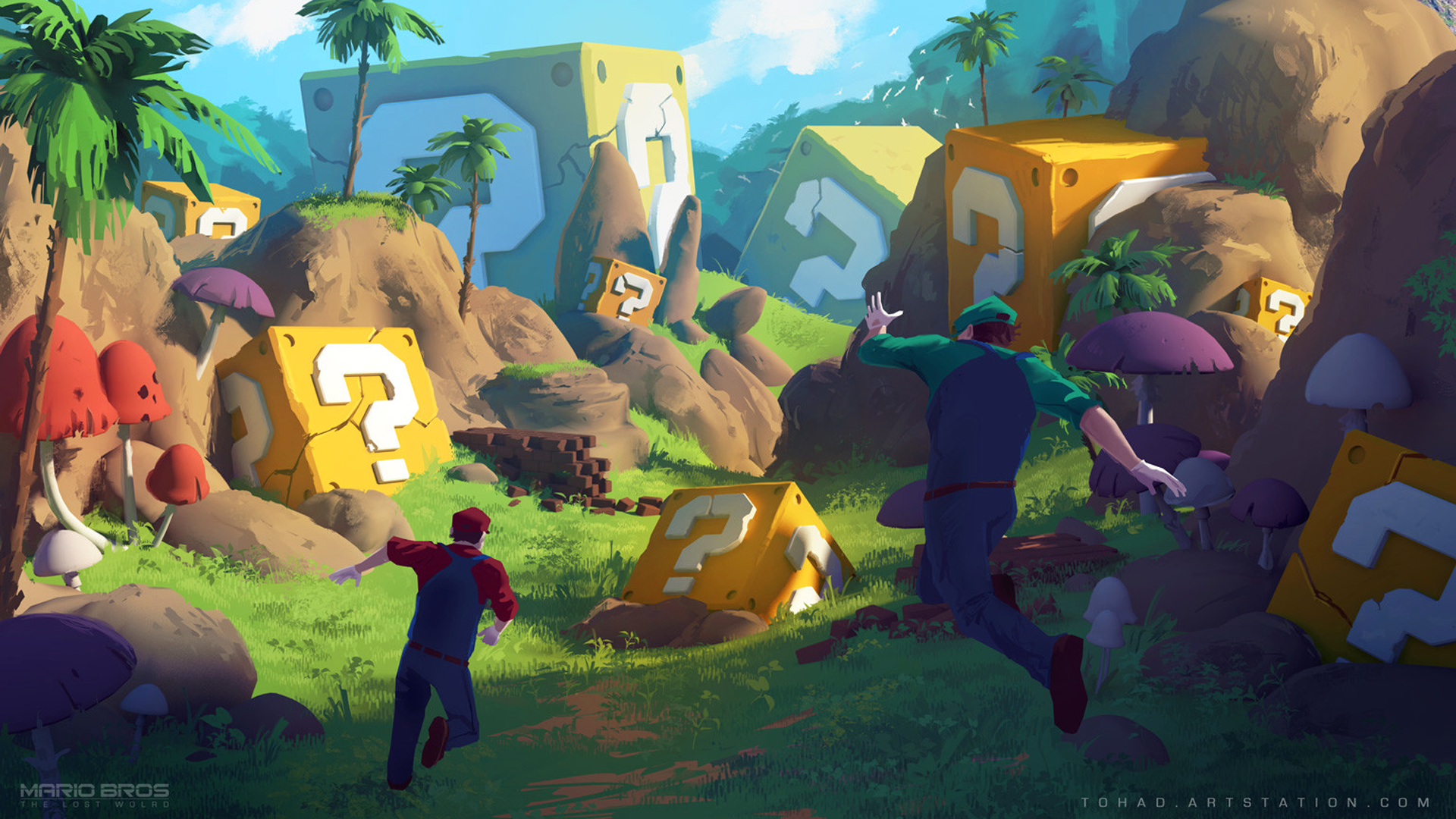 Mario and Luigi from Mario Bros. in a jungle with question blocks HD Wallpaper