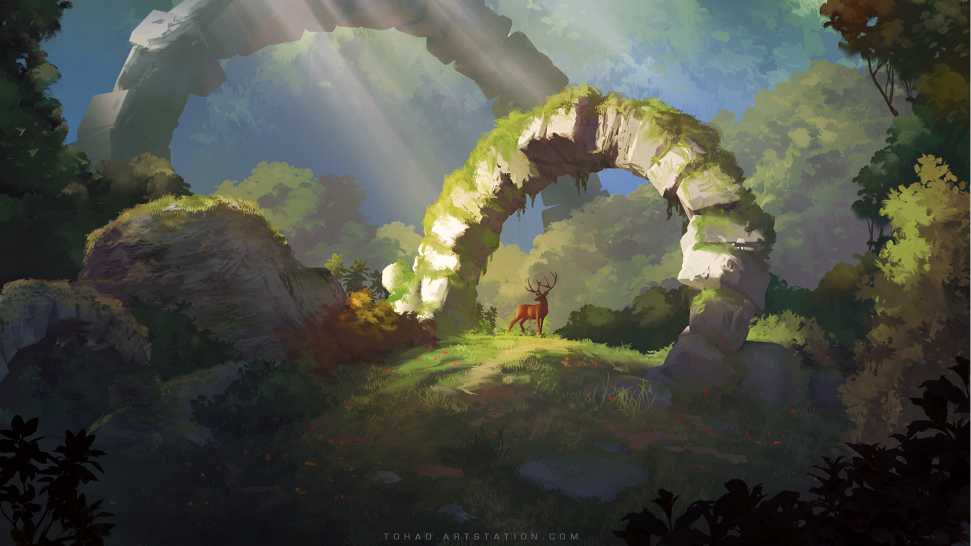 Deer in a sunlit forest with ancient stone ruins HD Wallpaper