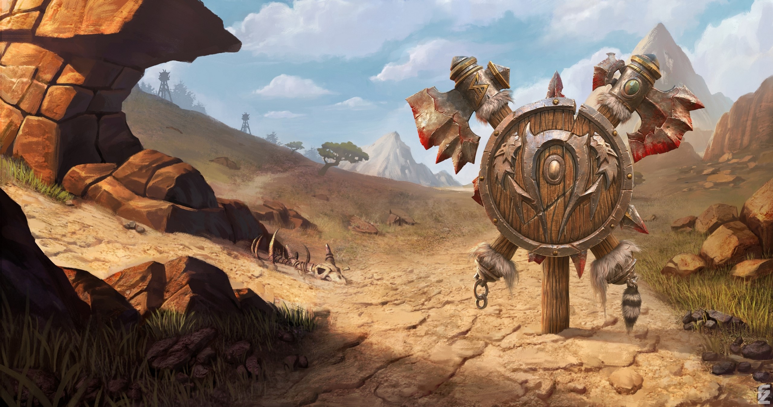 Warcraft Horde symbol in a desert landscape HD Wallpaper