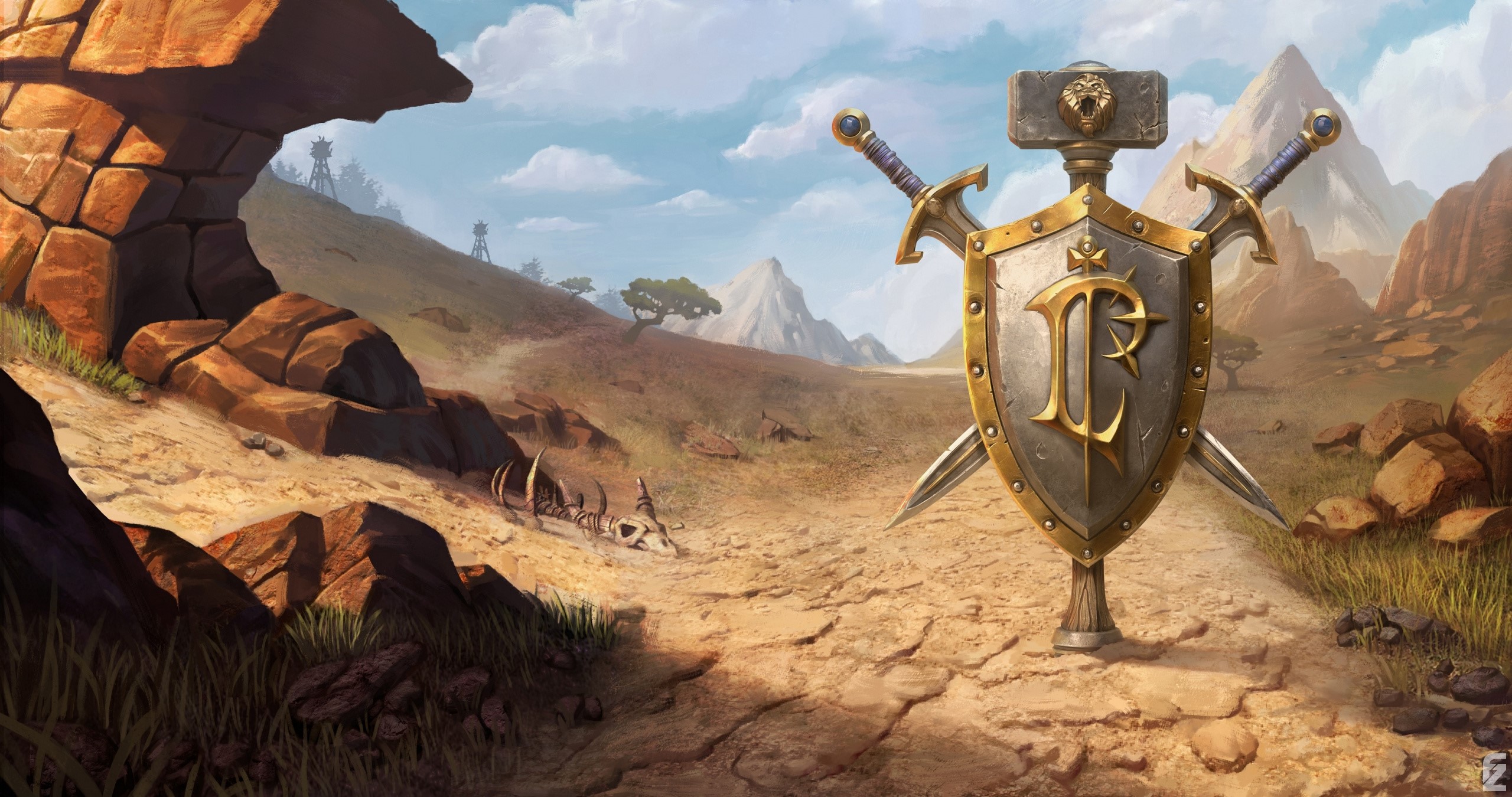 Warcraft III: Reforged Shield and Swords in Desert Landscape HD Wallpaper
