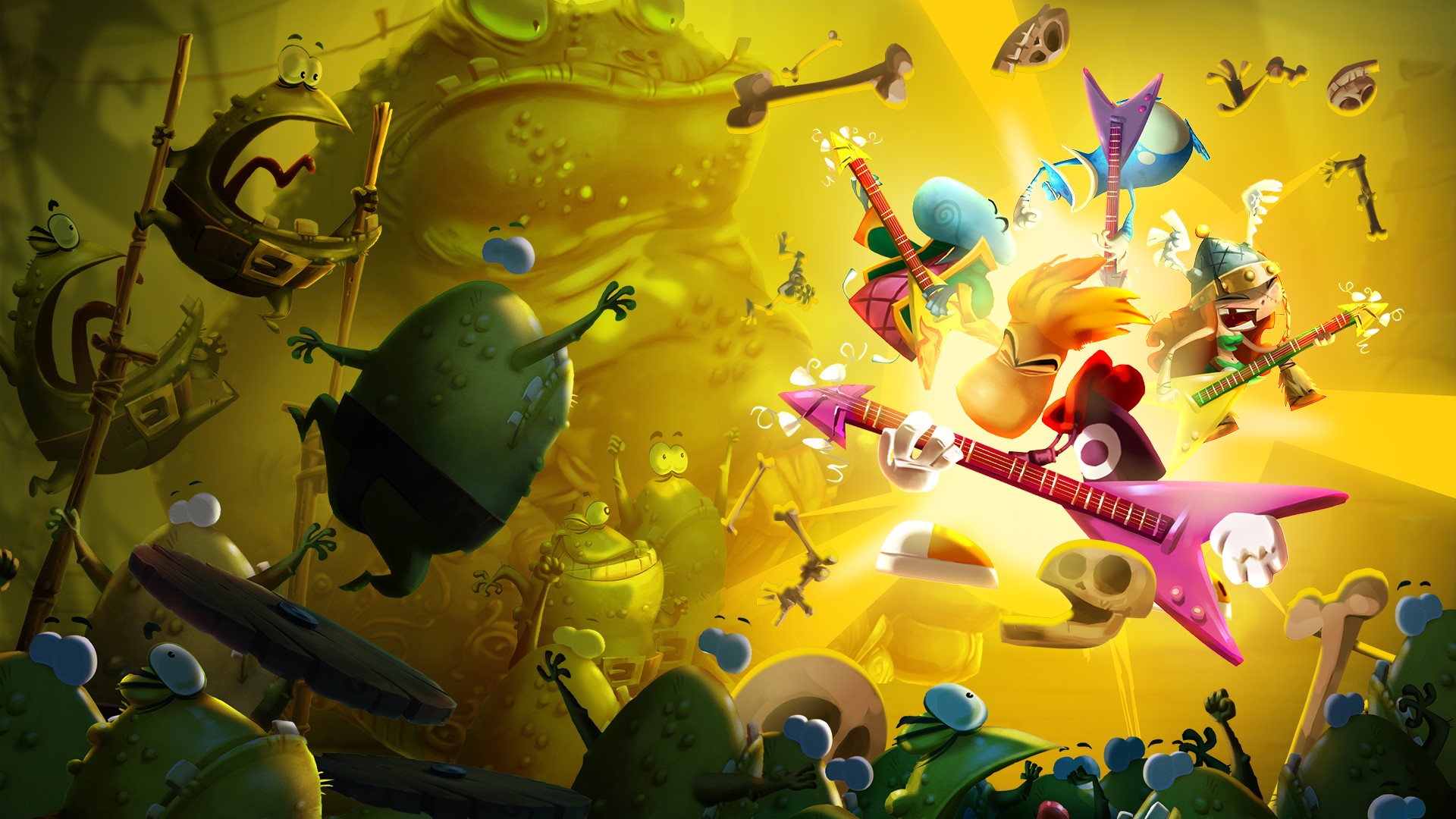 Rayman Legends characters playing guitars with a toad in the background HD Wallpaper