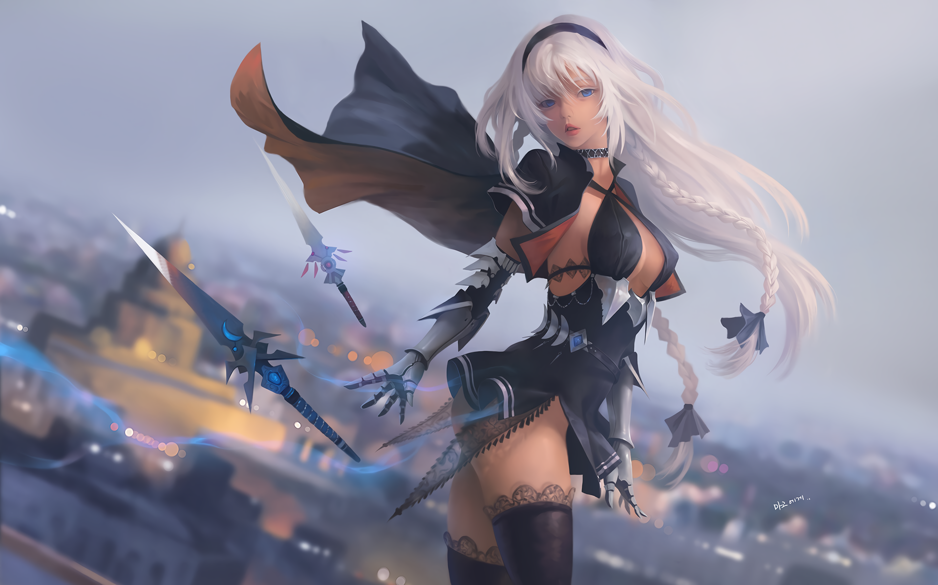 Anime girl with white hair and blue eyes holding weapons HD Wallpaper