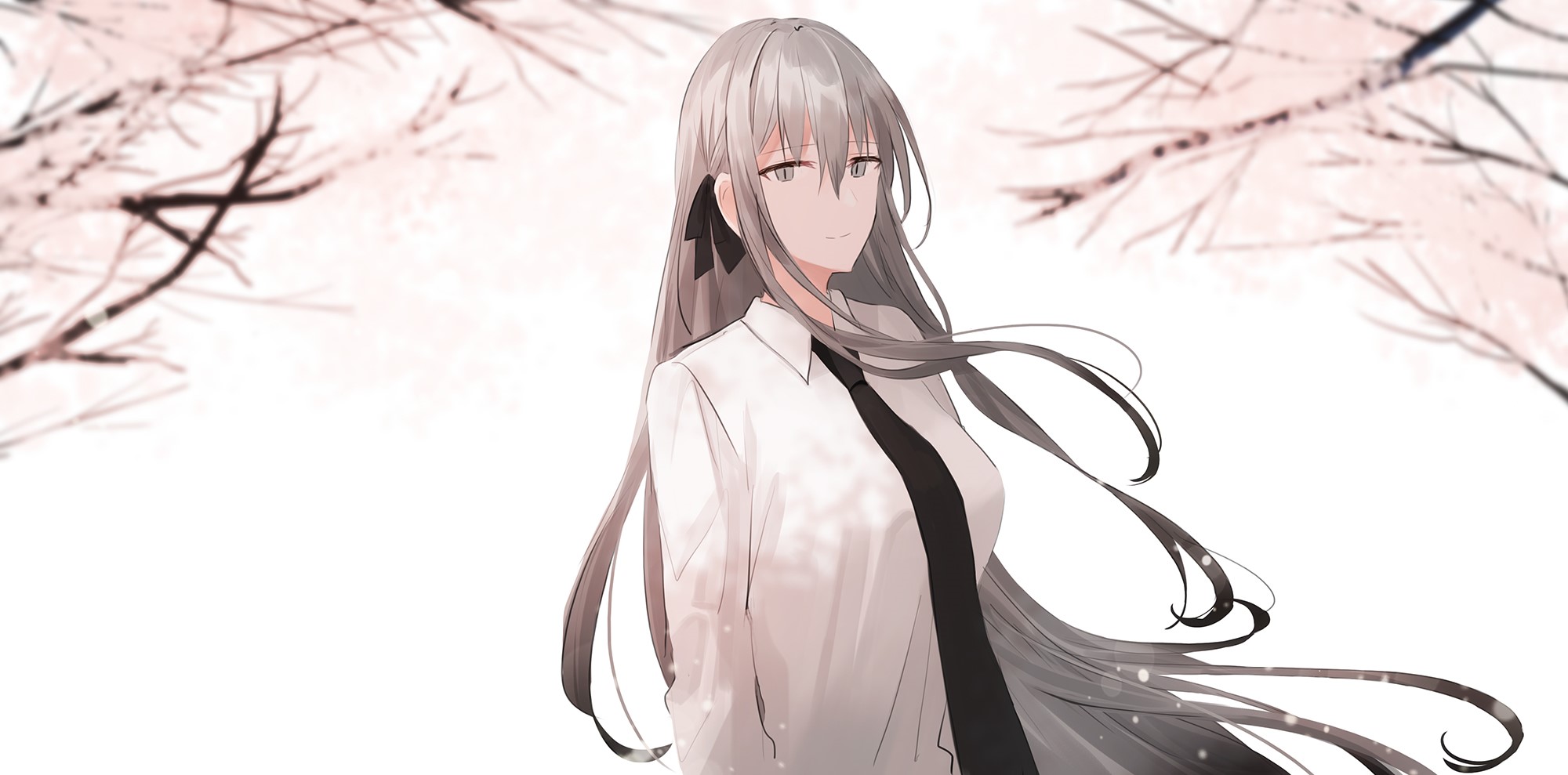 Anime girl with white hair and black tie HD Wallpaper