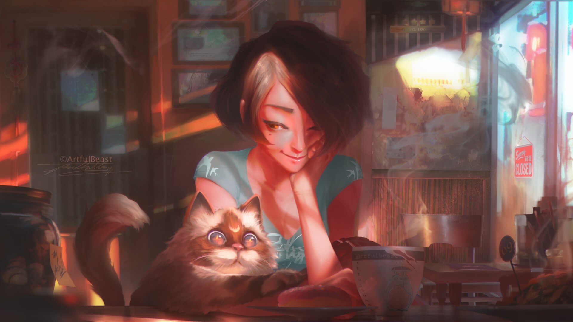 Artwork by Paul Nong: Girl and cat in a cafe HD Wallpaper