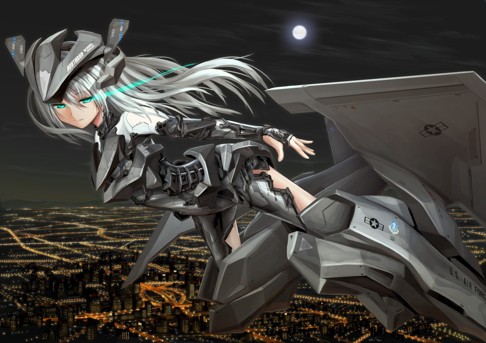 Anime girl in futuristic armor on a jet over a city at night HD Wallpaper