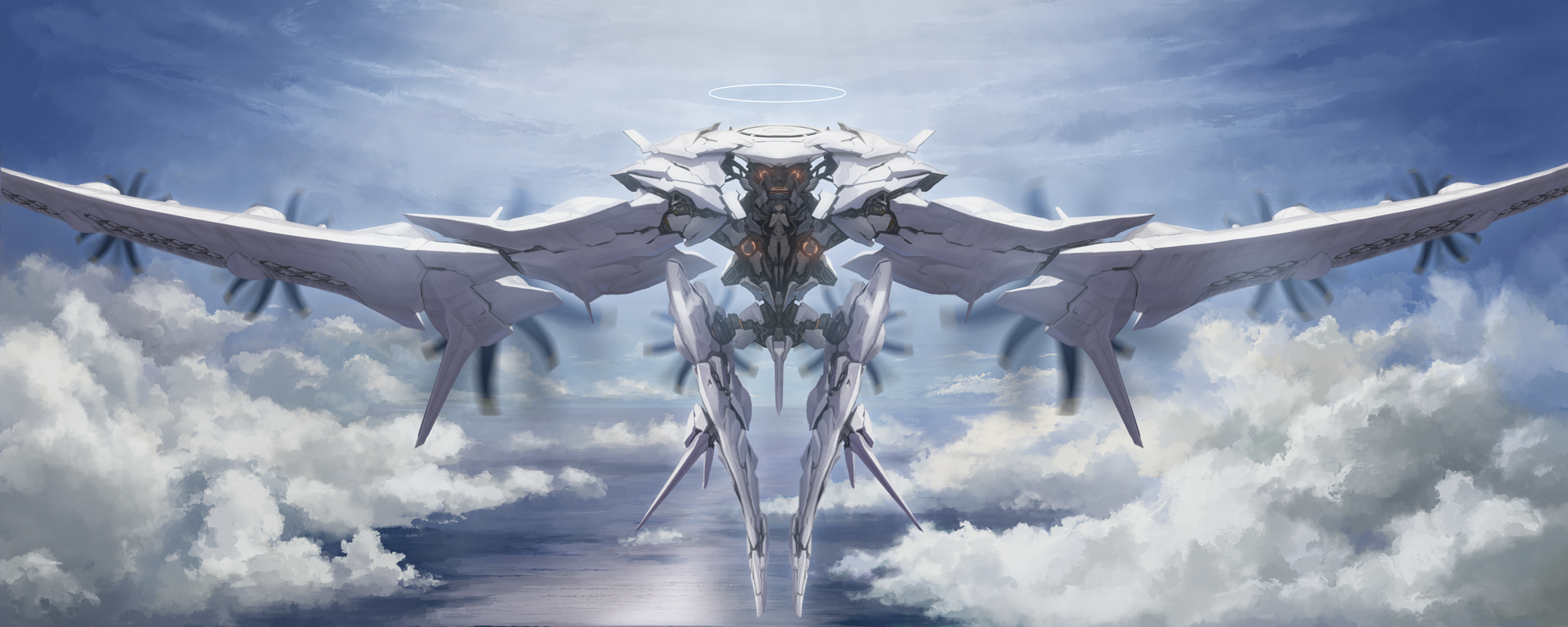 Giant mechanical angel with wings flying in the sky HD Wallpaper