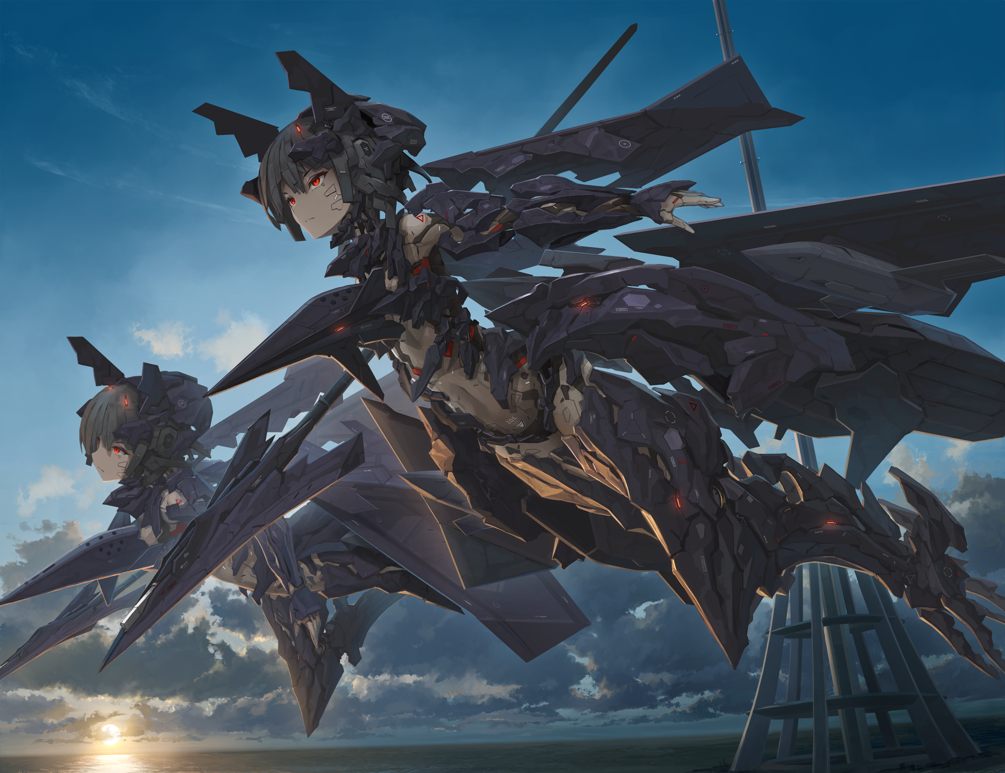 Two anthropomorphic mecha girls with red eyes in the sky HD Wallpaper