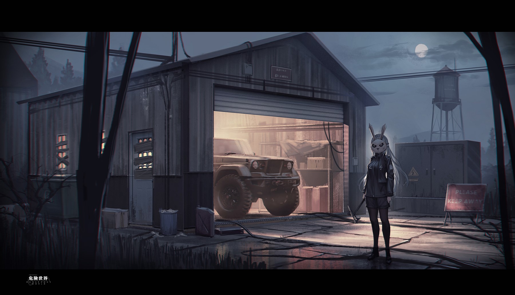 Anime girl with bunny mask and jeep in a garage HD Wallpaper