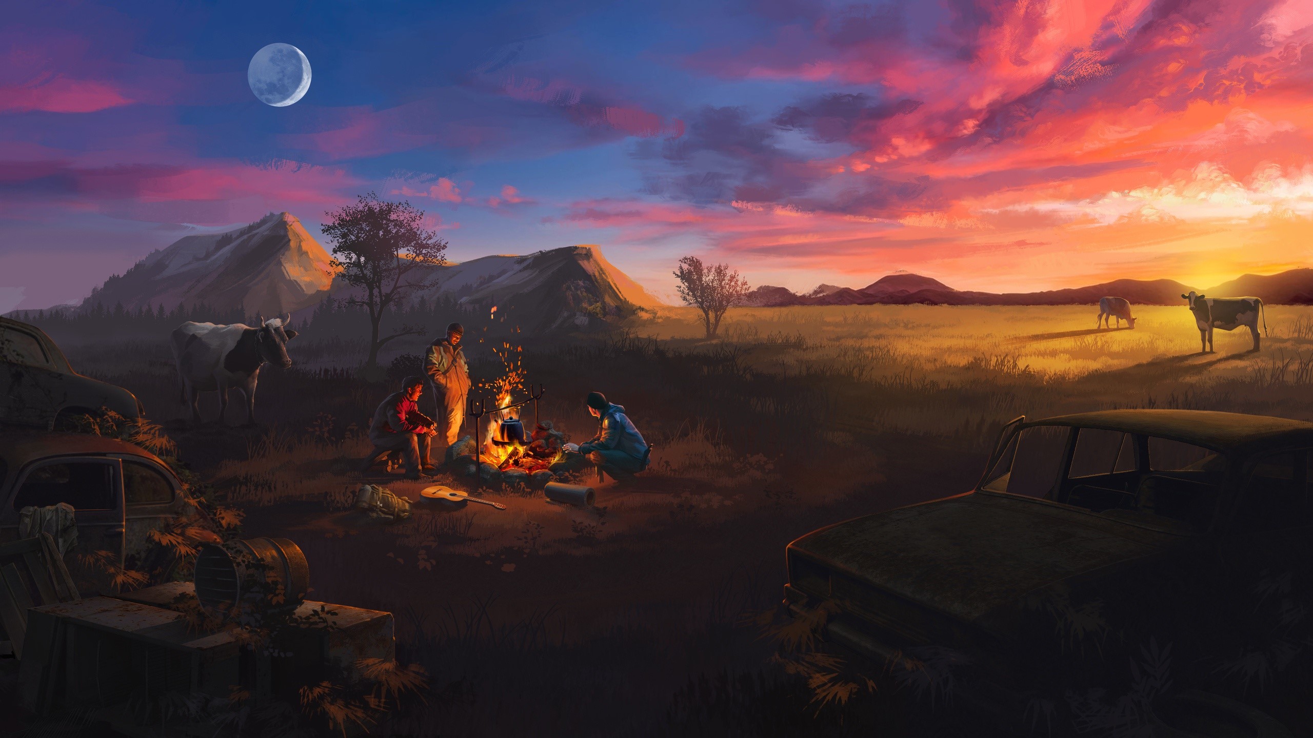 Family camping by a campfire with cows and wrecked cars at sunset HD Wallpaper