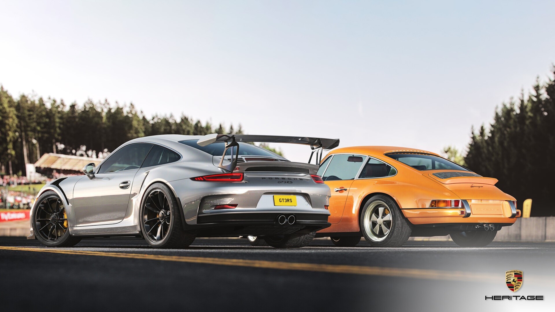 Silver Porsche GT3 RS and Orange Porsche 911 HD Wallpaper