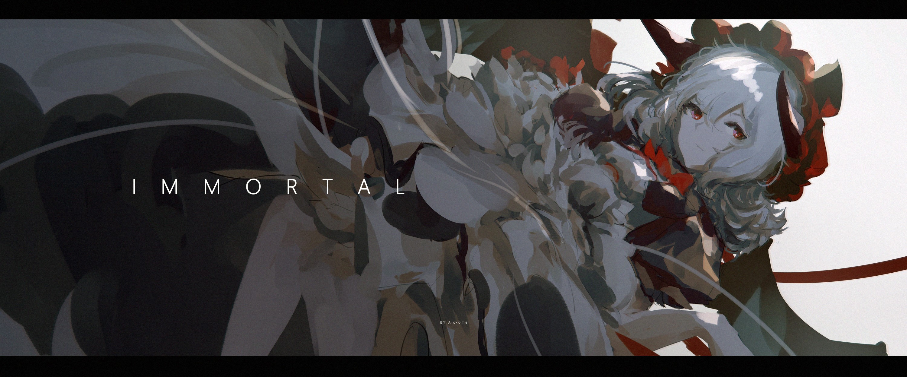 Anime girl with white hair and red eyes, text IMMORTAL HD Wallpaper