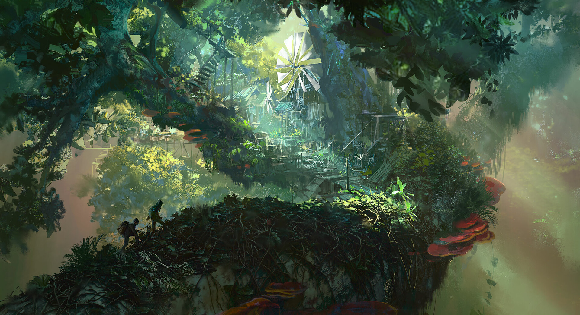 Mysterious Jungle Tree House with Windmill HD Wallpaper