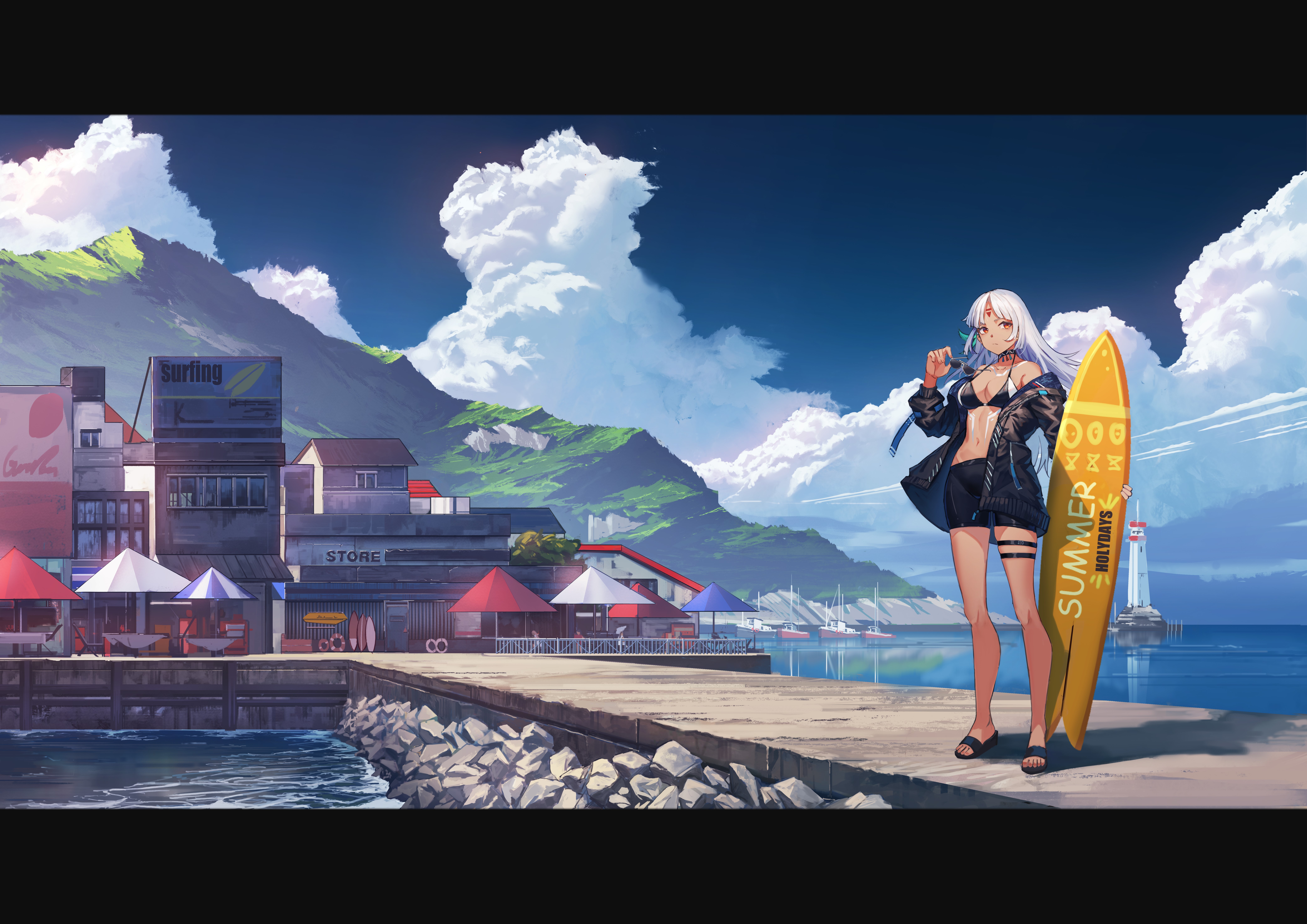 Massachusetts from Azur Lane holding a surfboard HD Wallpaper