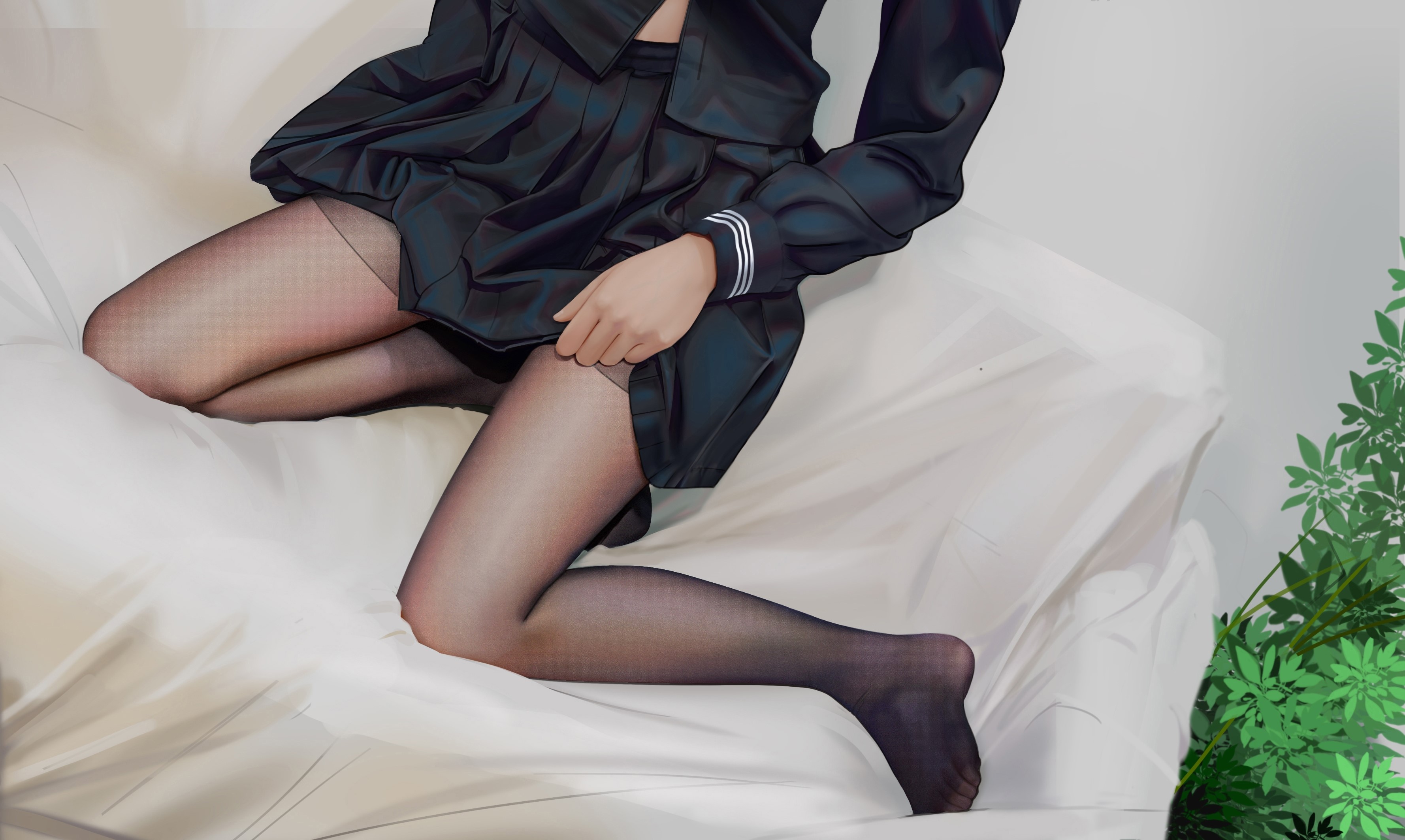 Anime girl in school uniform on a bed HD Wallpaper