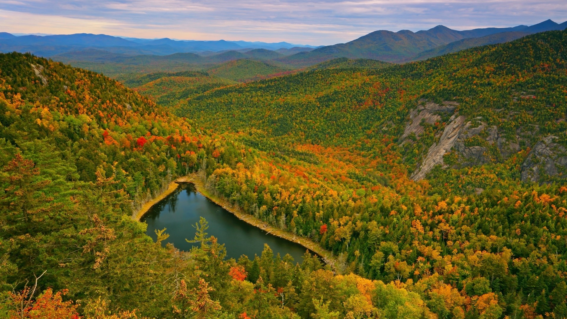Autumn forest landscape with a lake and mountains HD Wallpaper