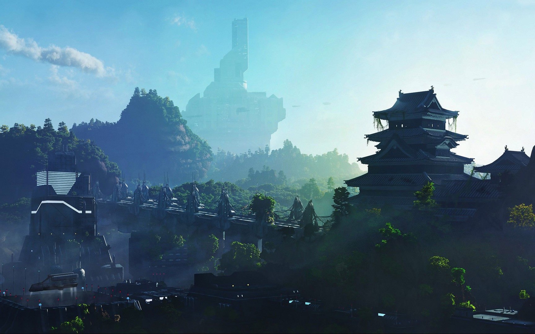 Futuristic Asian city with traditional architecture HD Wallpaper