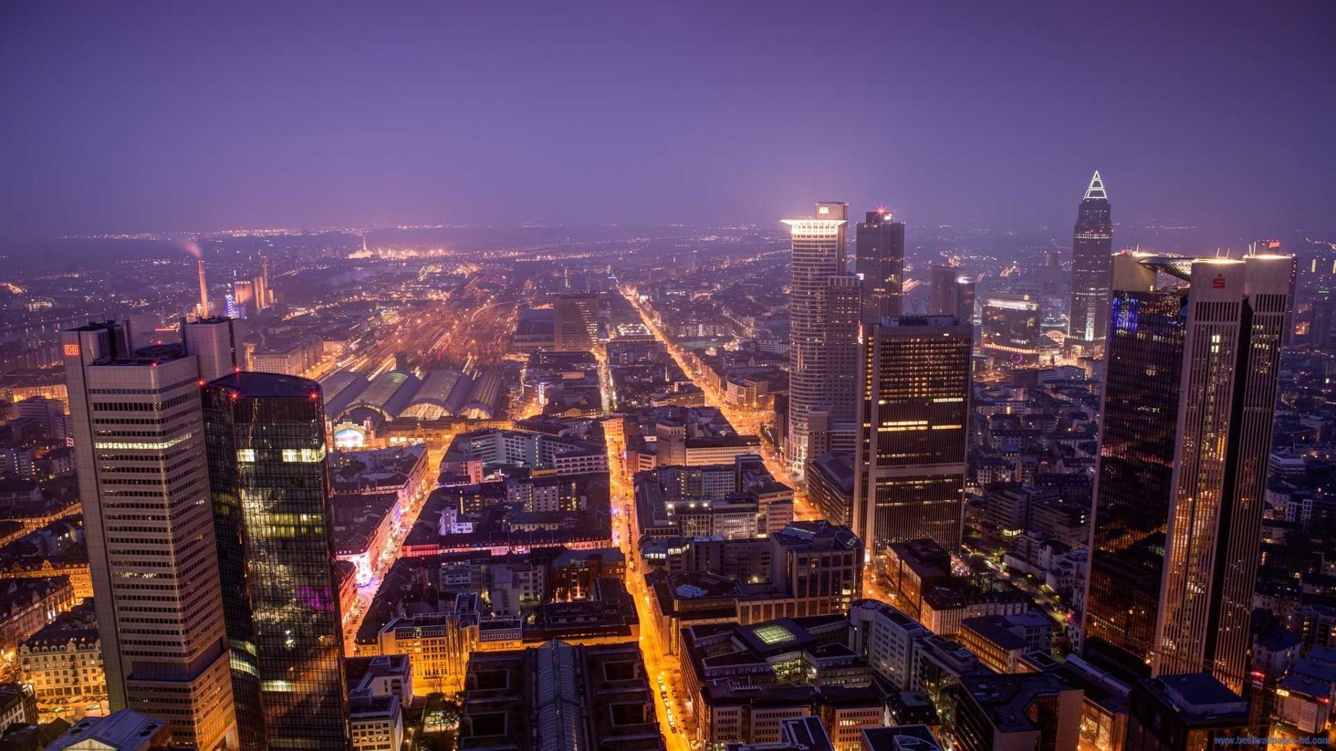 Frankfurt cityscape at night with illuminated skyscrapers HD Wallpaper