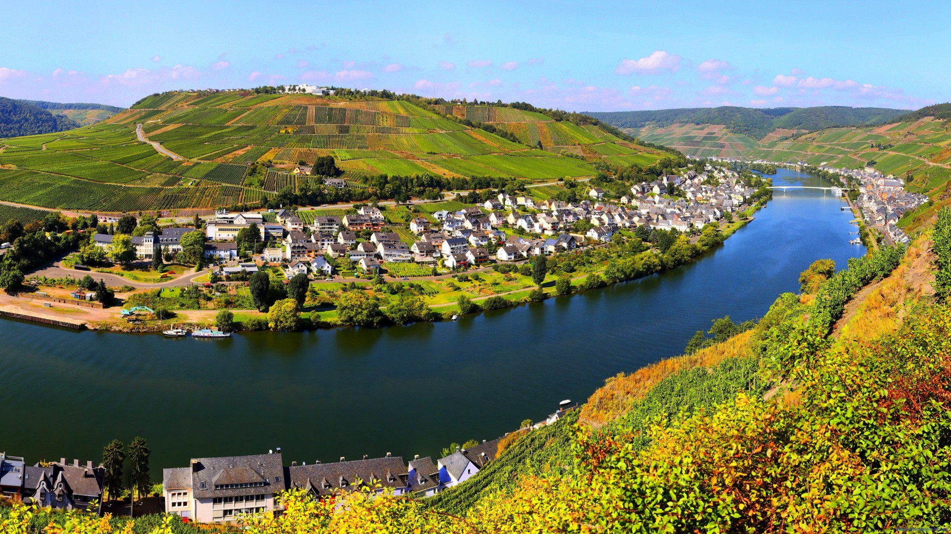 River valley with vineyards and a town HD Wallpaper
