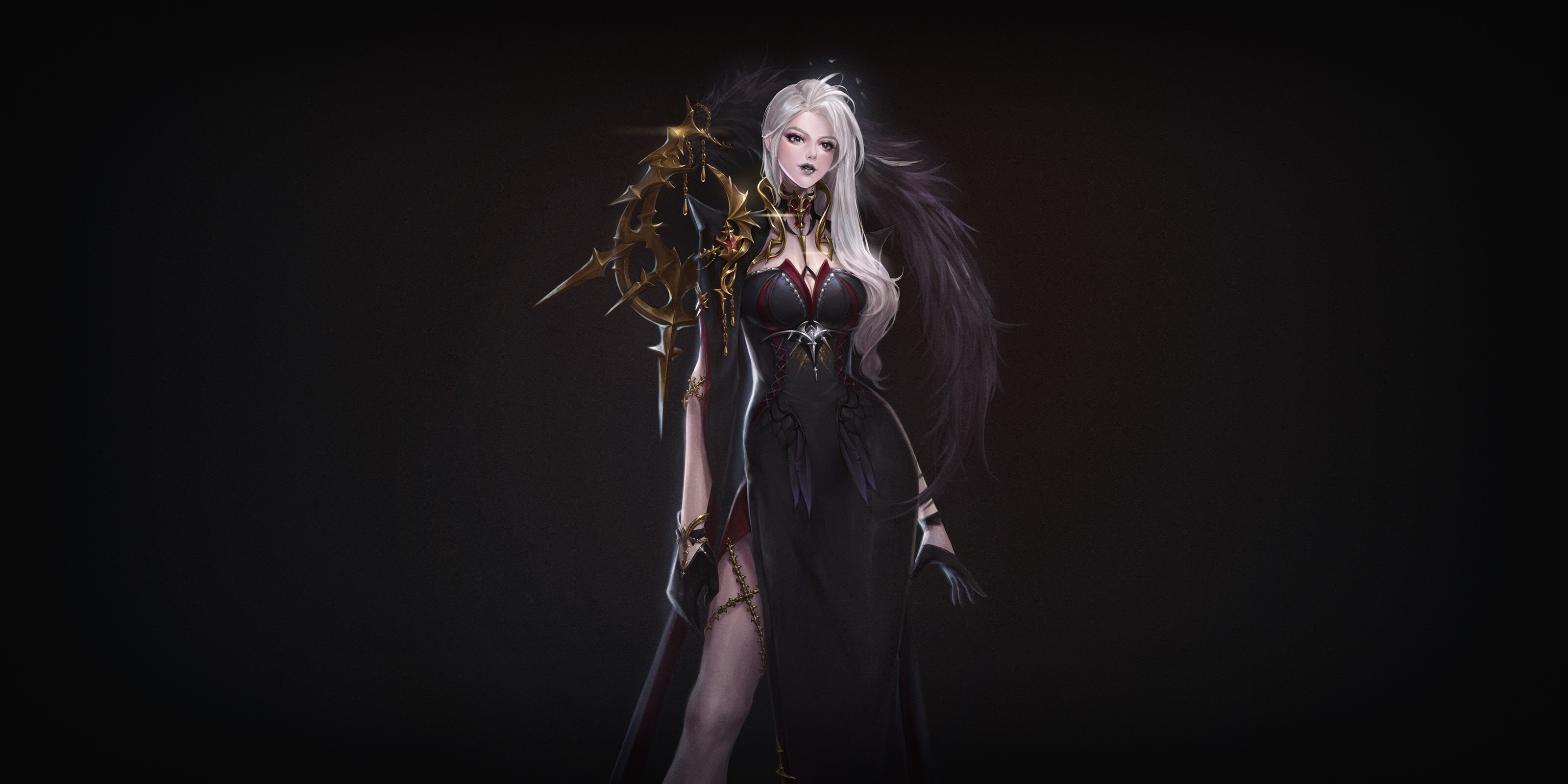 Fantasy art of a woman with white hair and black dress HD Wallpaper