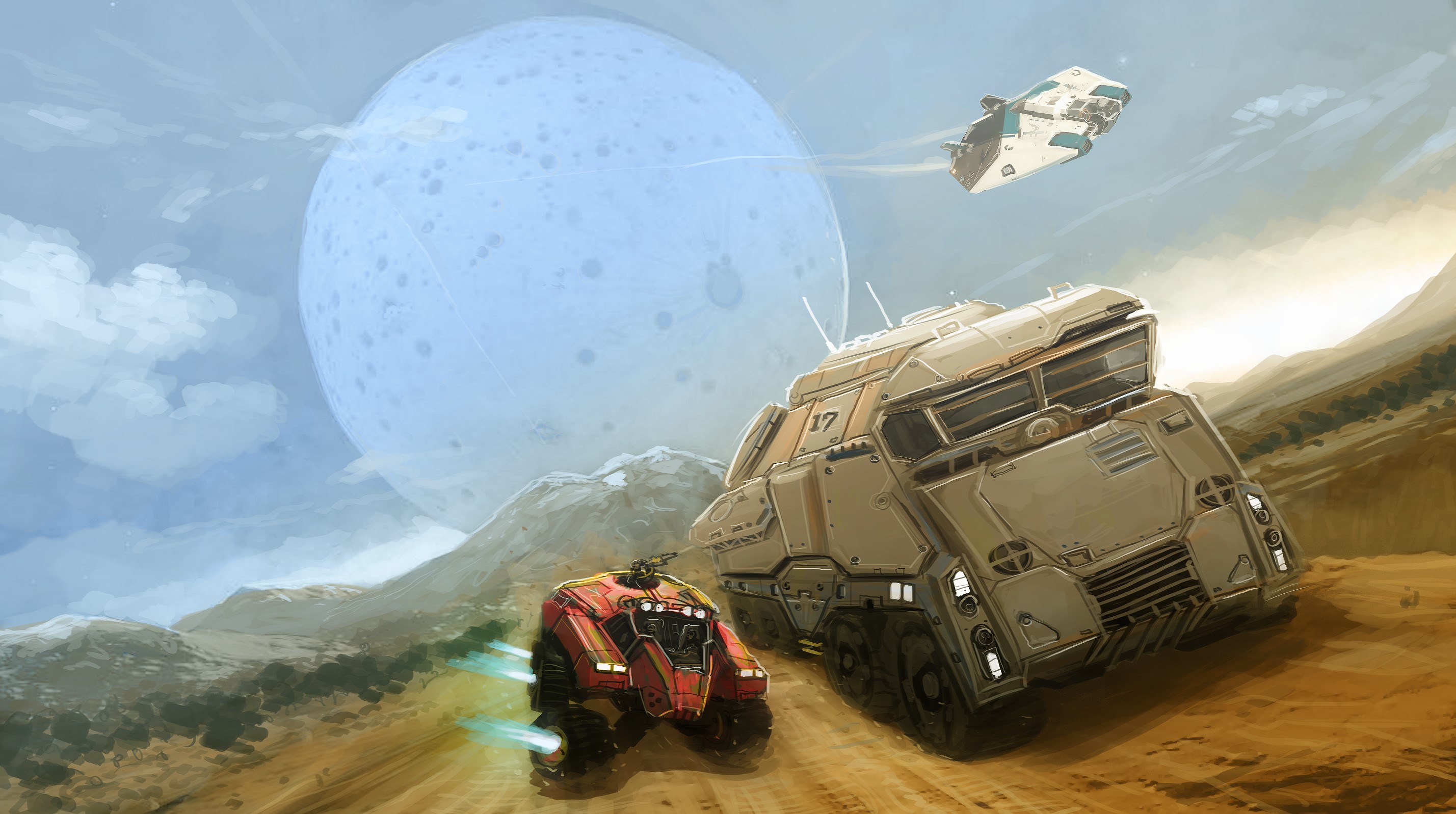 Science fiction vehicles and spaceship on alien planet HD Wallpaper