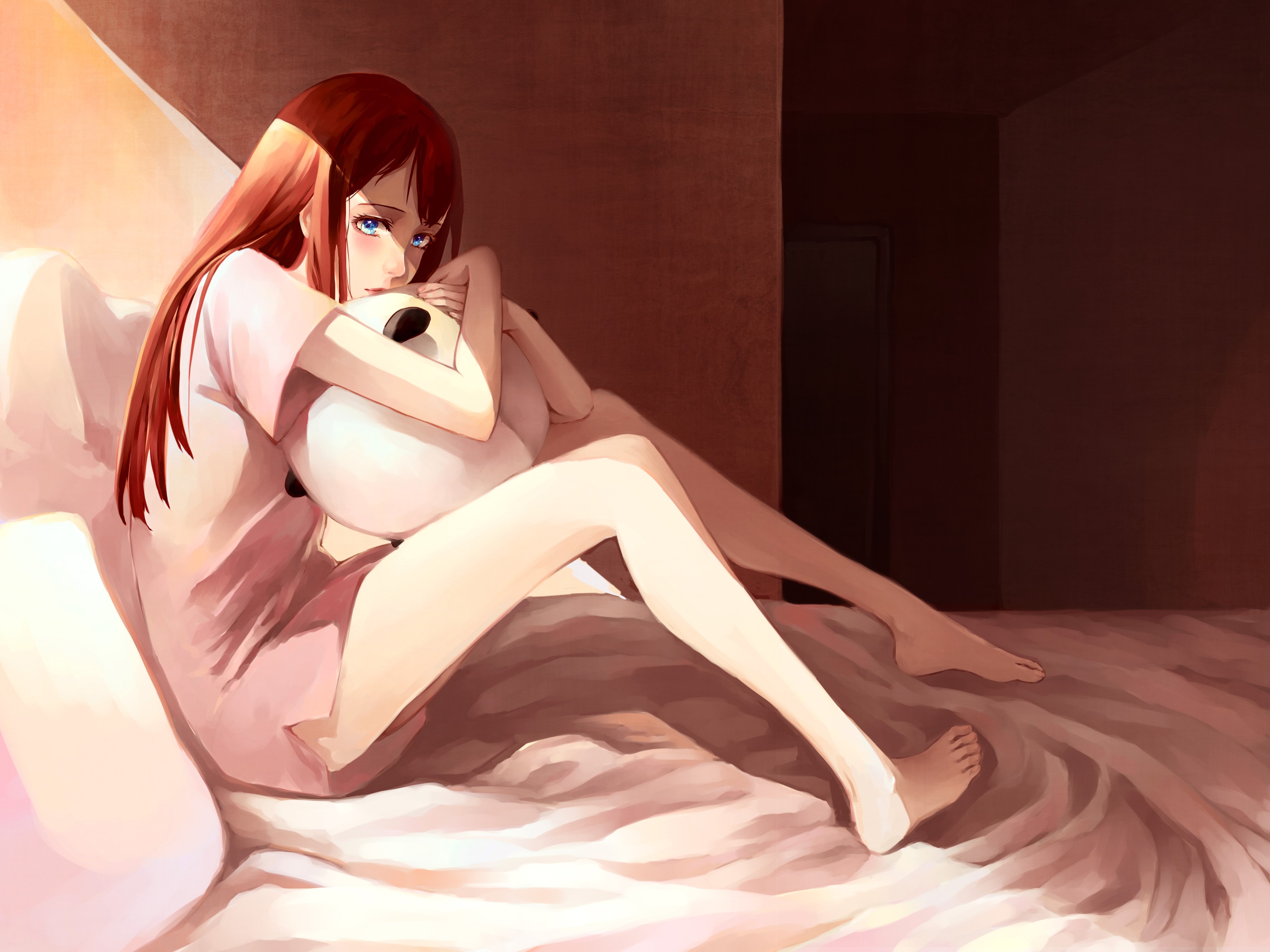 Makise Kurisu from Steins;Gate hugging a plush toy HD Wallpaper
