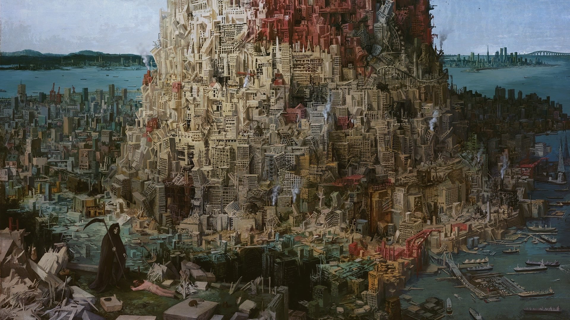 Grim Reaper and Tower of Babel cityscape HD Wallpaper