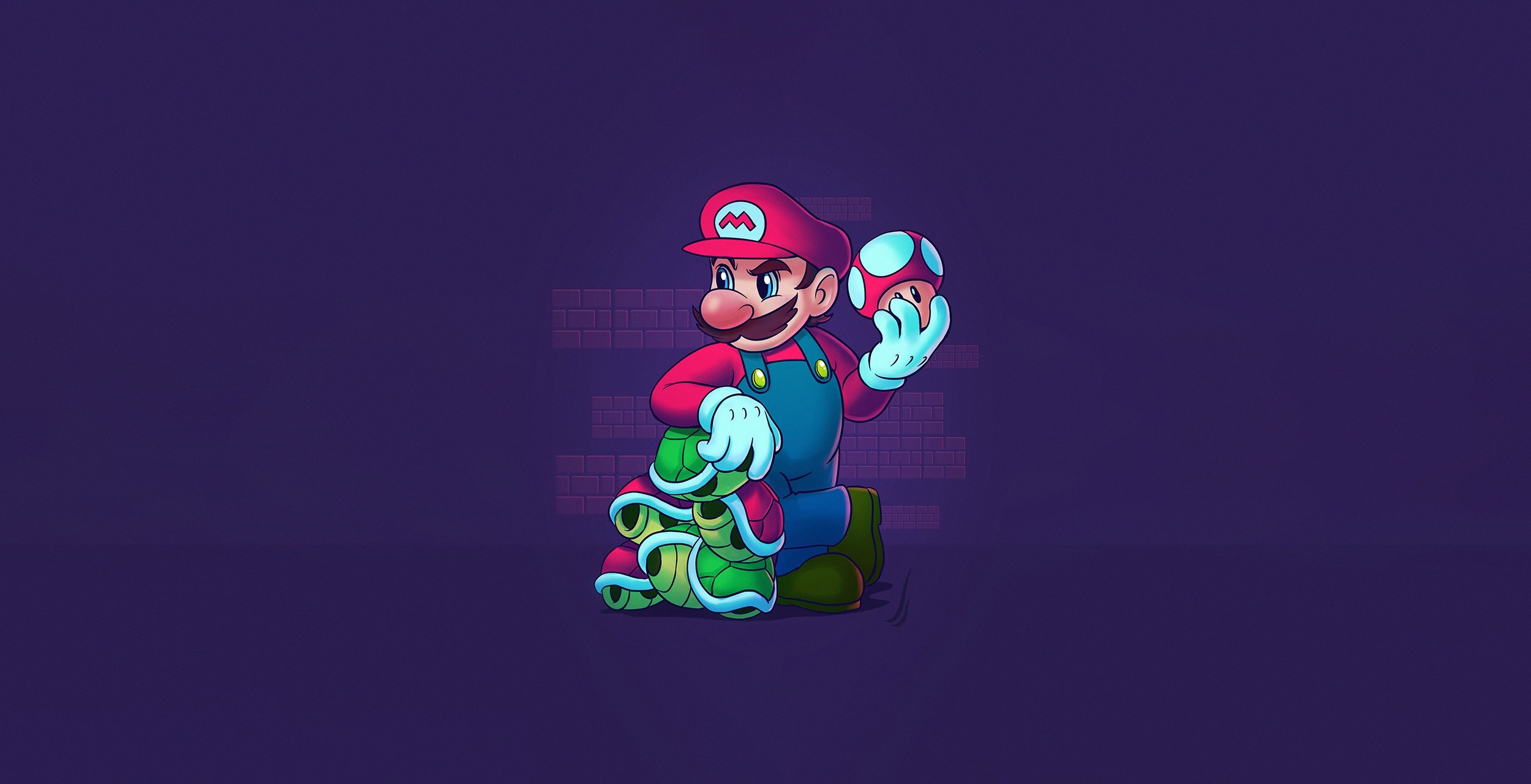 Mario holding a mushroom and turtle shells HD Wallpaper