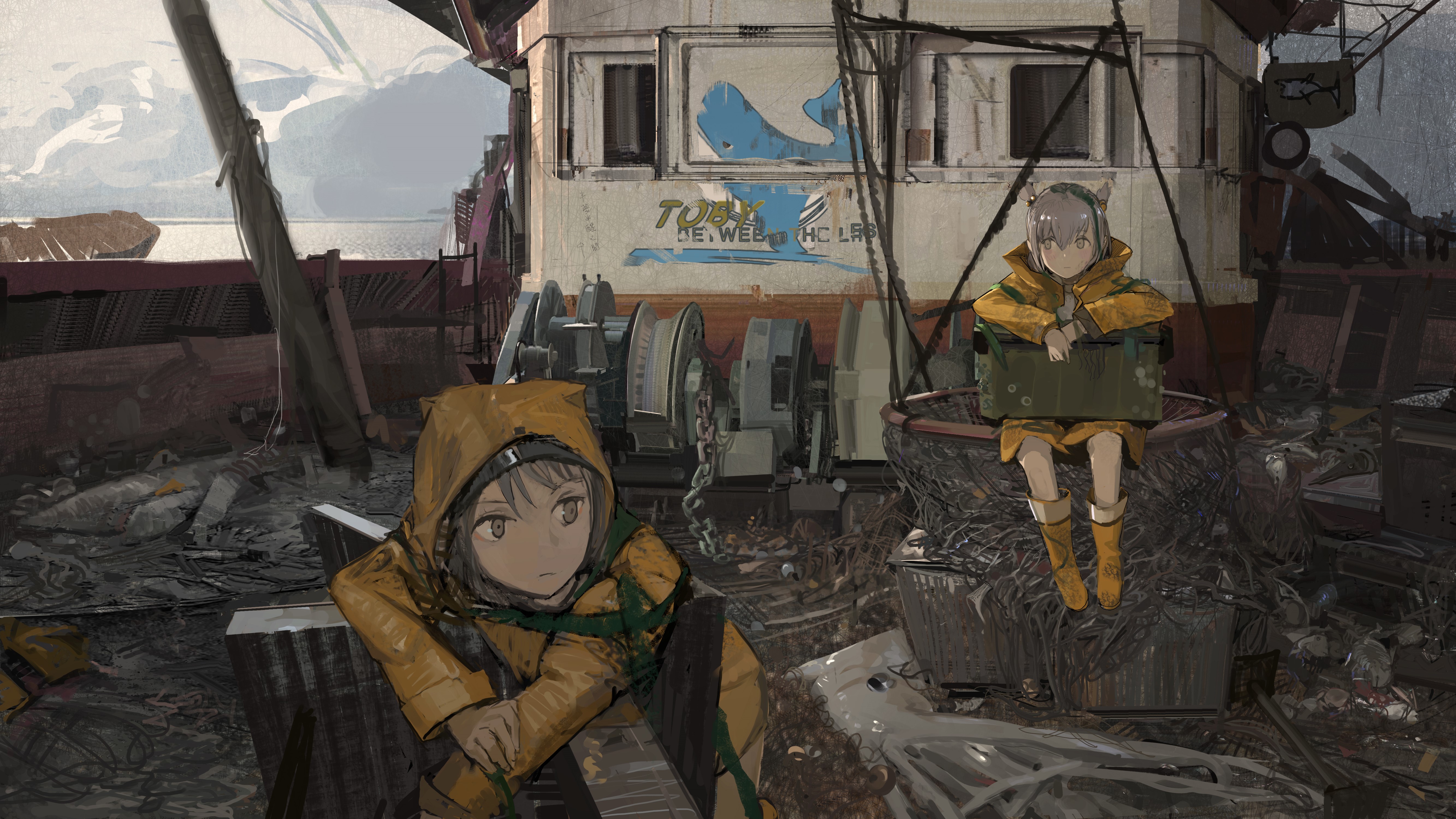 Anime girls in raincoats on an abandoned ship HD Wallpaper